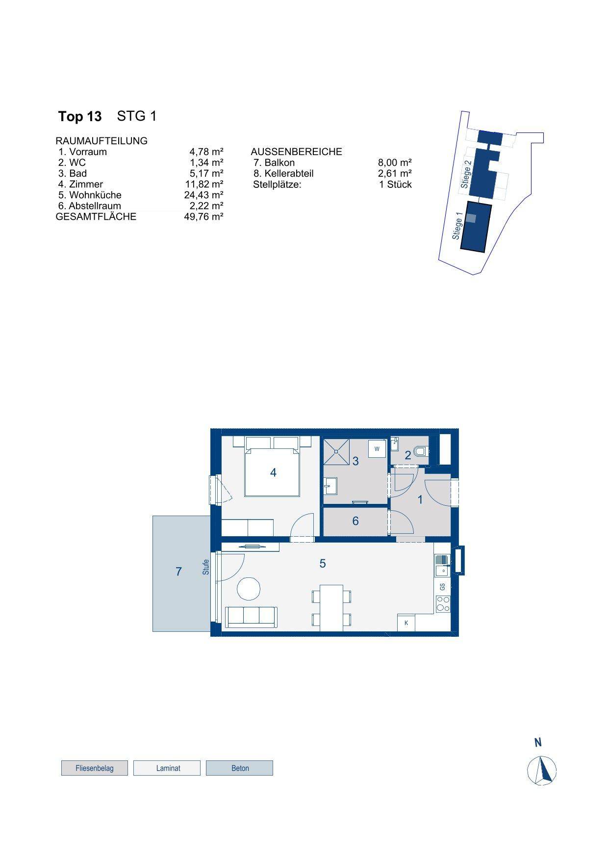 Grundriss einer Wohnung mit einem Schlafzimmer, offenem Wohnbereich und Balkon.