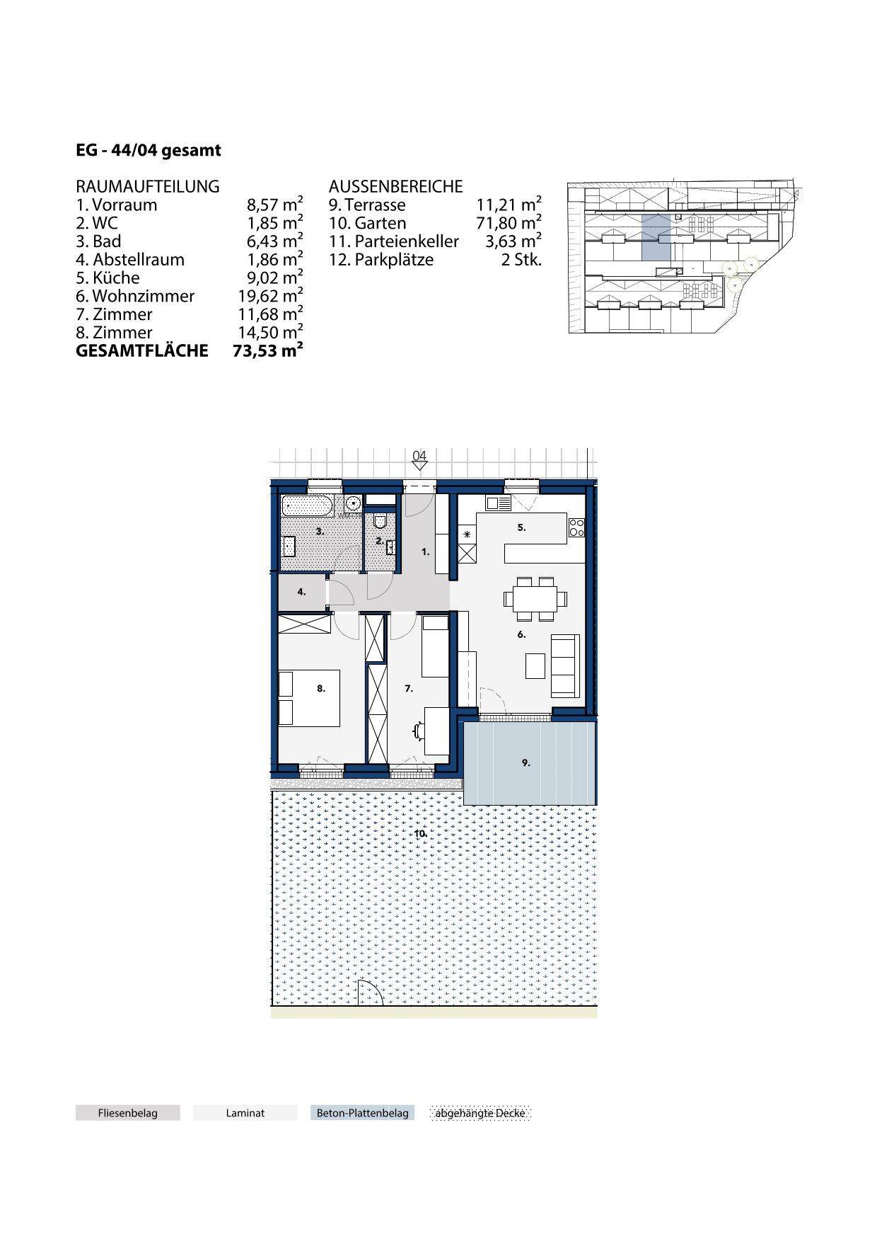 Grundriss einer Erdgeschosswohnung mit offenem Wohnbereich, Terrasse und Garten.