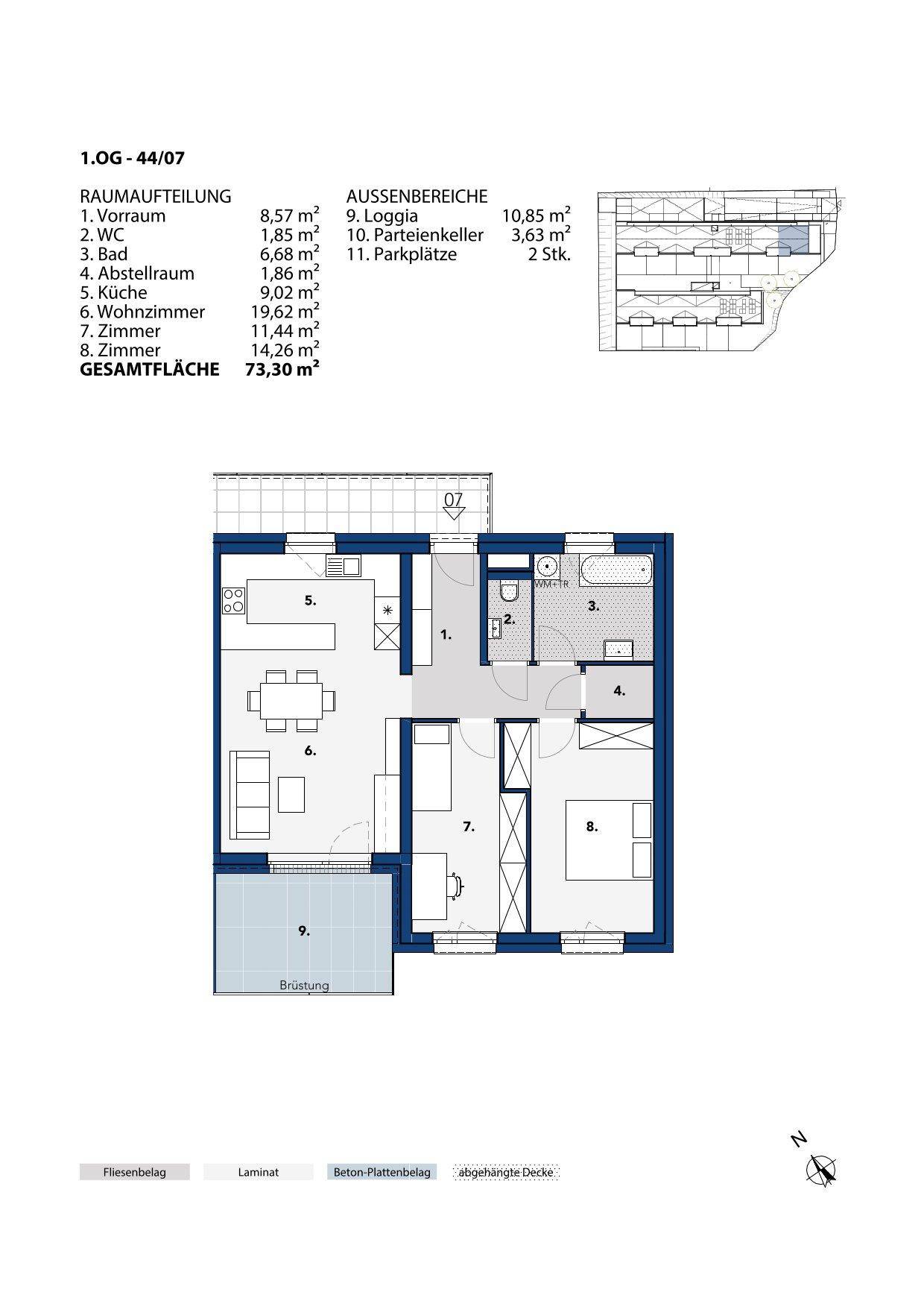 Grundriss einer Wohnung mit zwei Schlafzimmern, offenem Wohnbereich und Loggia.