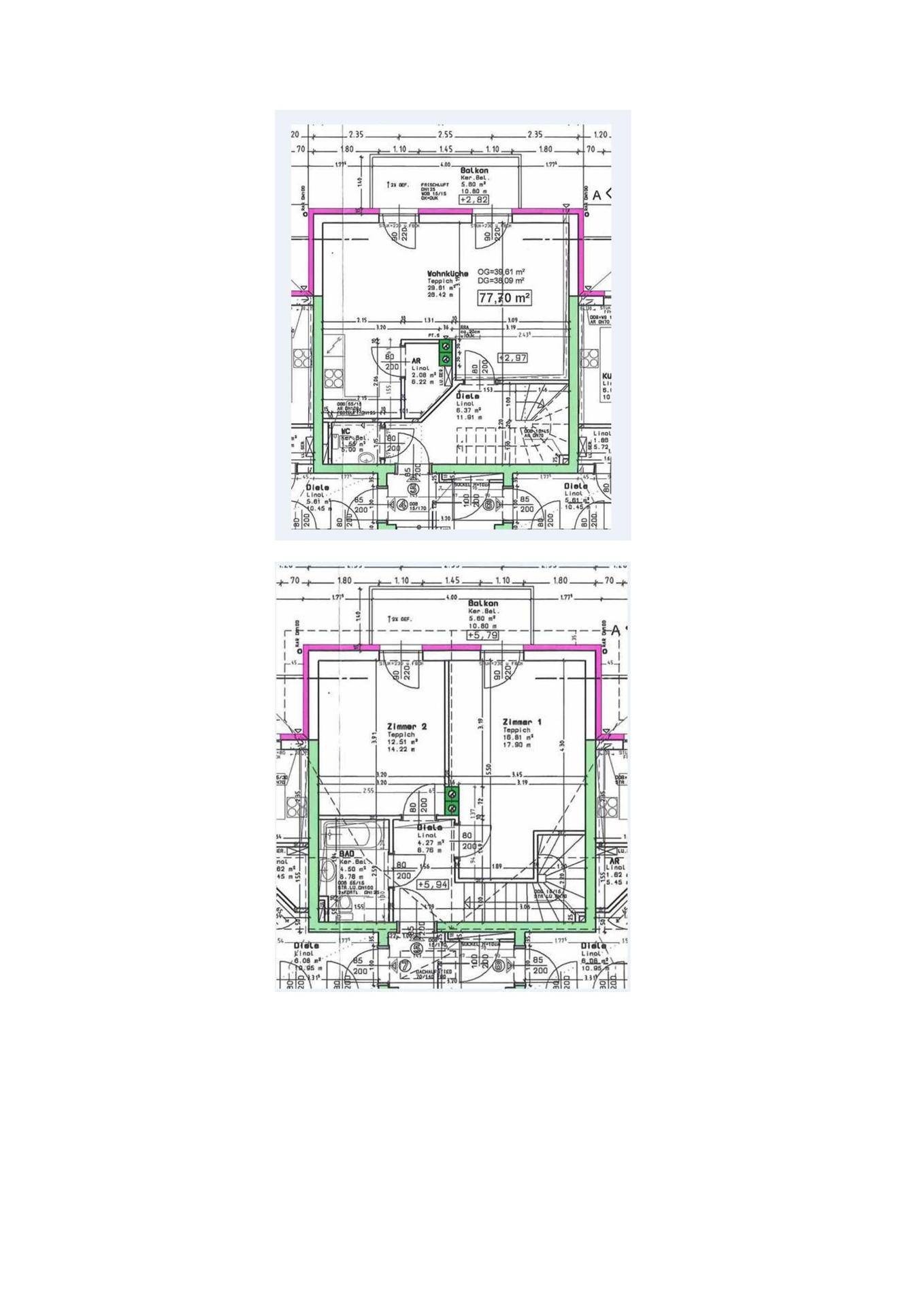 Zwei Grundrisse zeigen Wohnbereiche und Zimmer mit Balkonzugang.