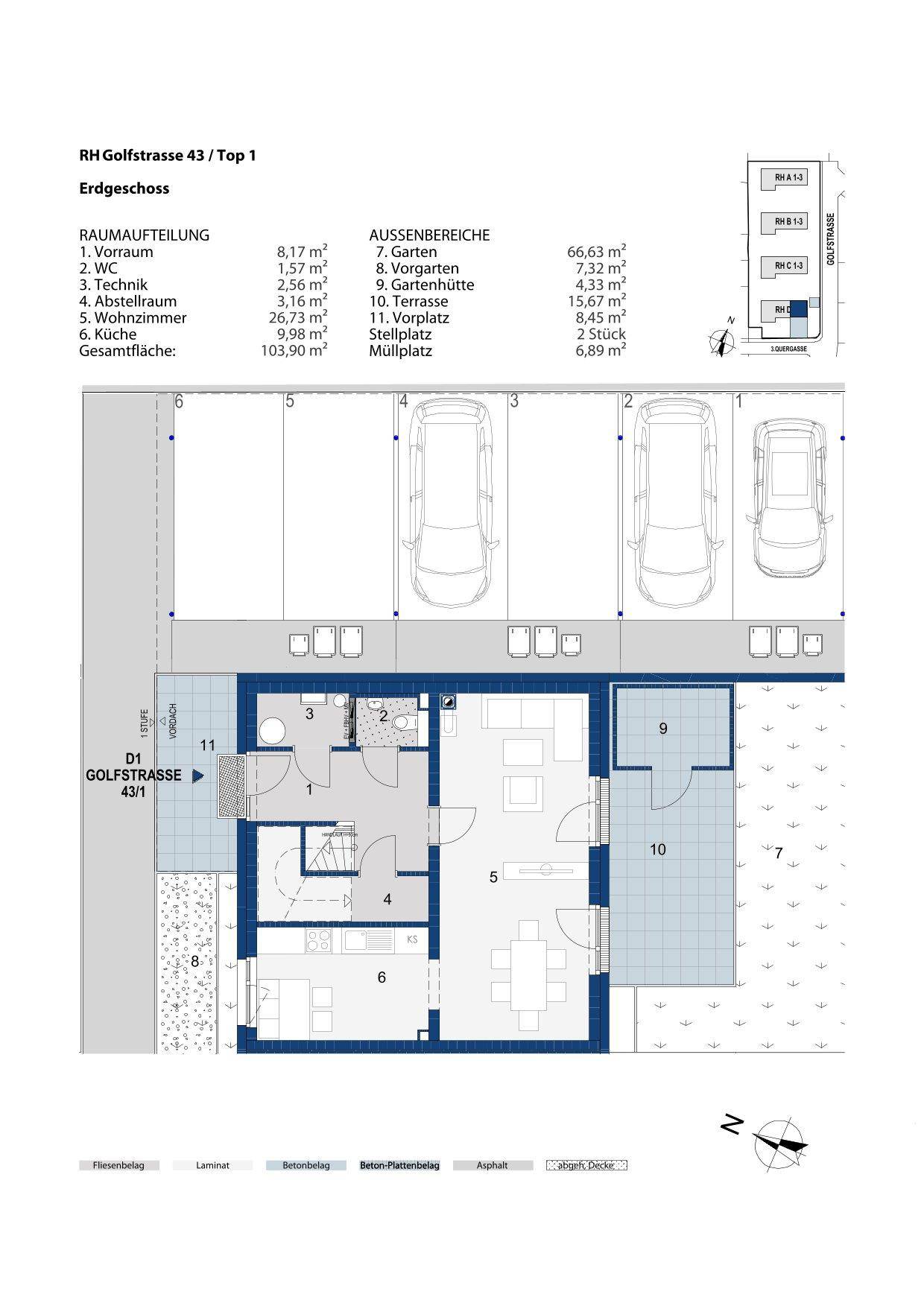 Grundriss des Erdgeschosses eines Reihenhauses mit Raumaufteilung und Außenbereichen.