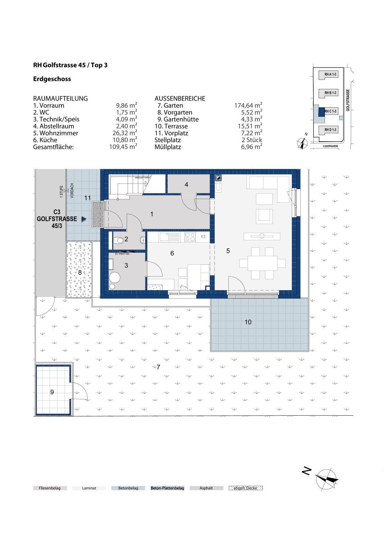 Grundriss des Erdgeschosses eines Reihenhauses mit Wohnzimmer, Küche, separatem WC und Zugang zu Terrasse und Garten.