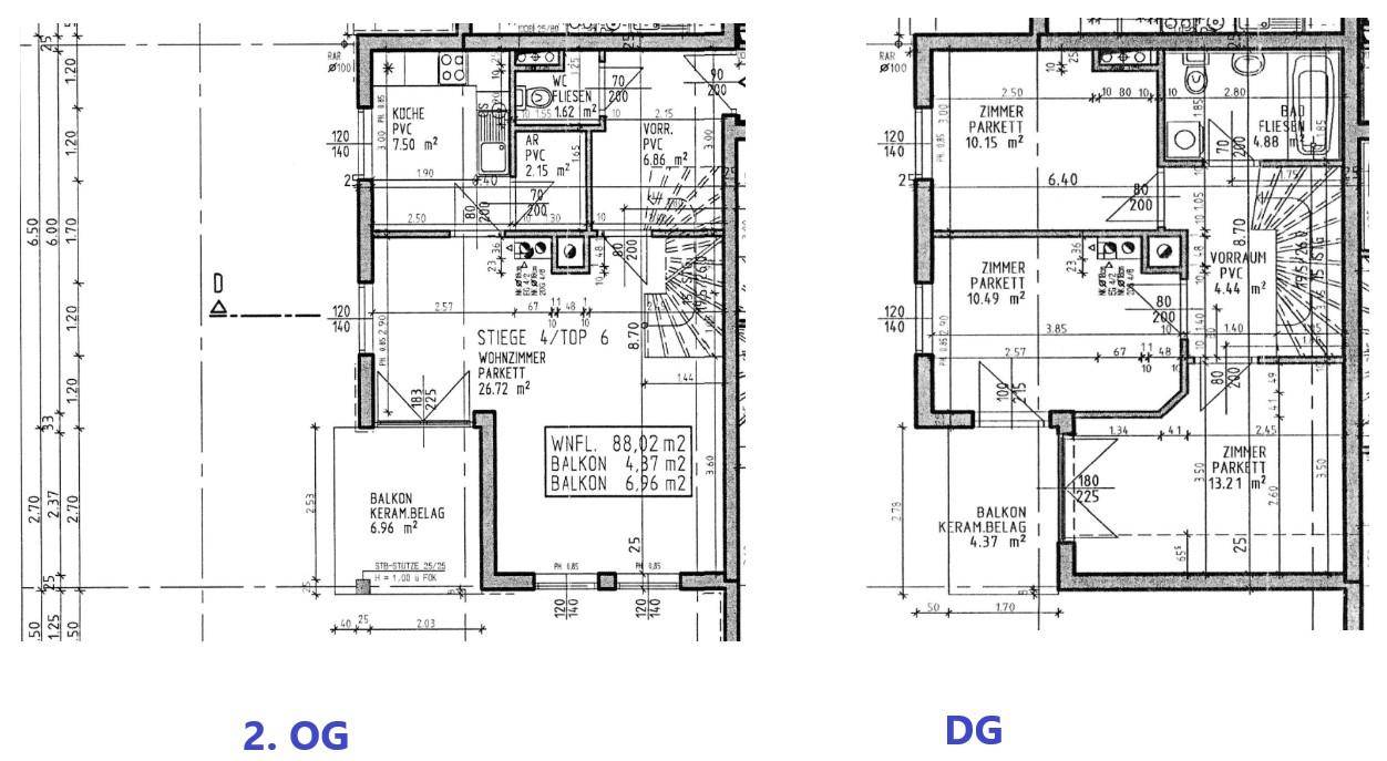 Grundrisspläne für zwei Etagen (2. OG und DG) mit Balkonen und mehreren Zimmern.