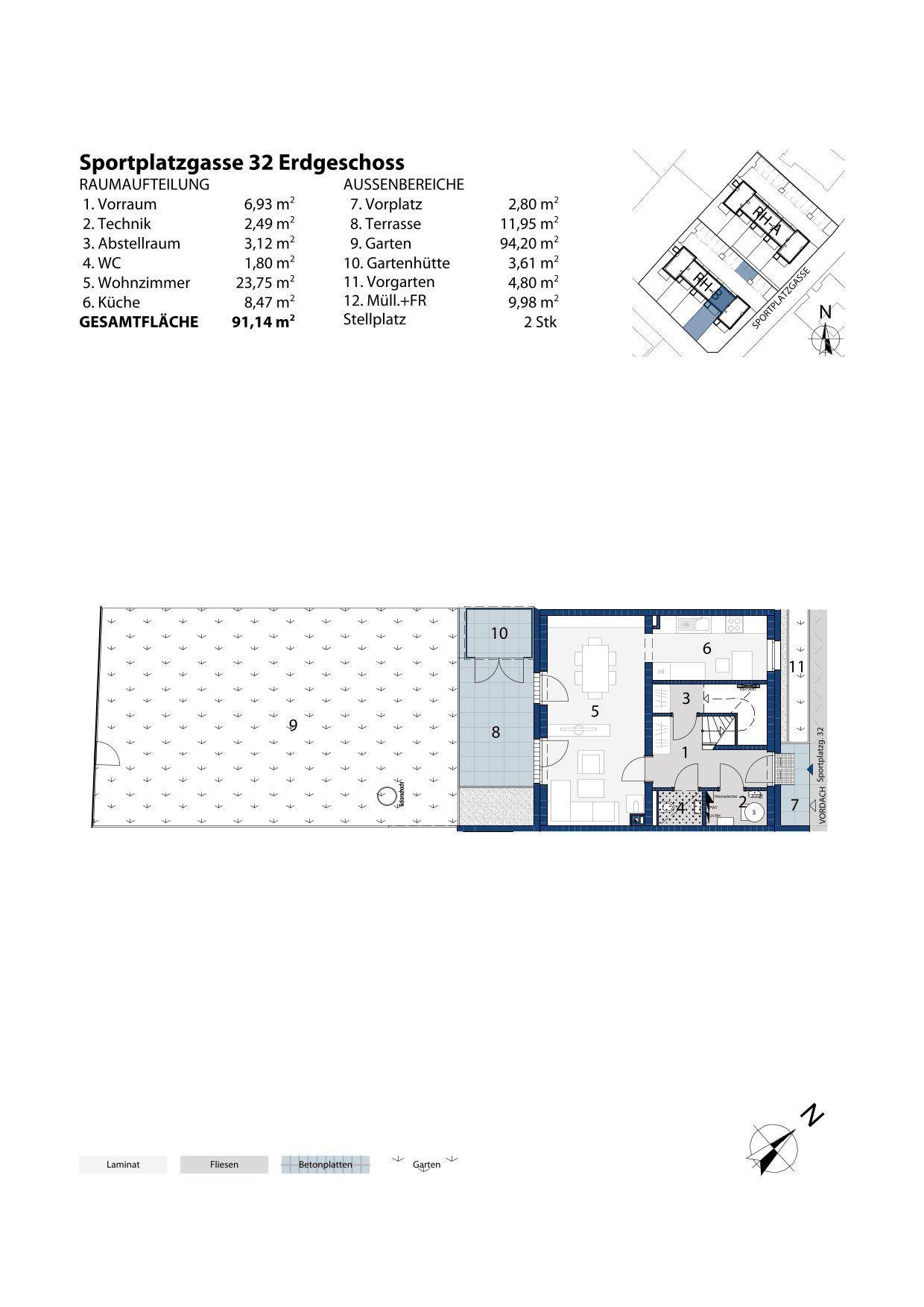 Grundriss des Erdgeschosses mit Wohnzimmer, Küche, Terrasse und Gartenbereich, inklusive Raumaufteilung.