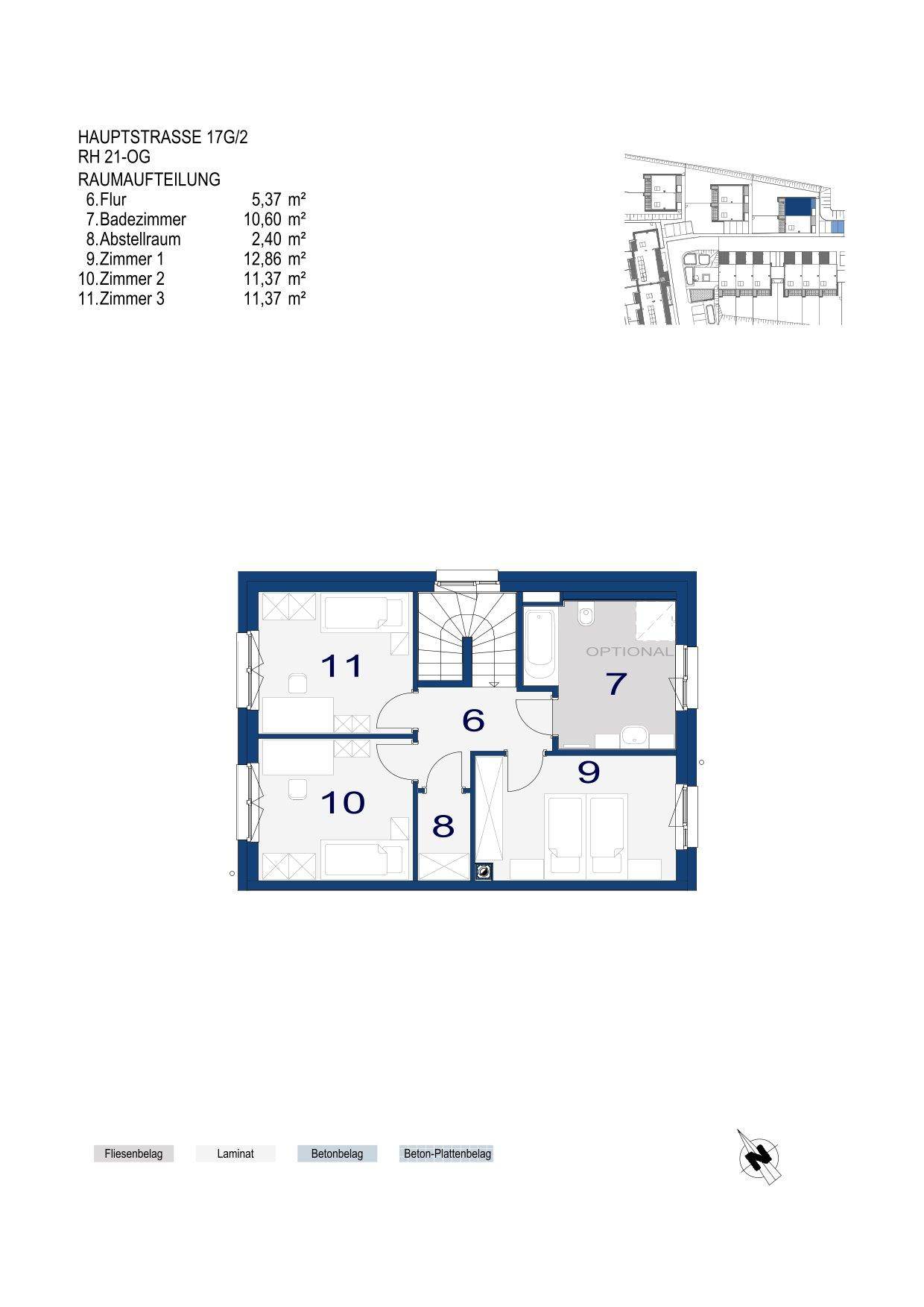 Grundriss des Obergeschosses mit drei Schlafzimmern und einem Badezimmer.