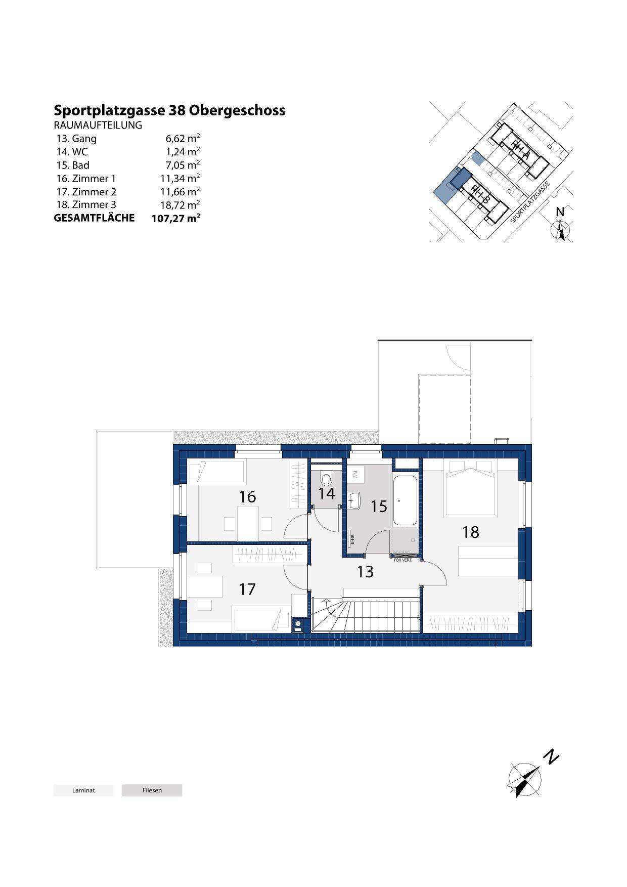Grundriss des Obergeschosses mit drei Schlafzimmern, einem Badezimmer und separatem WC.