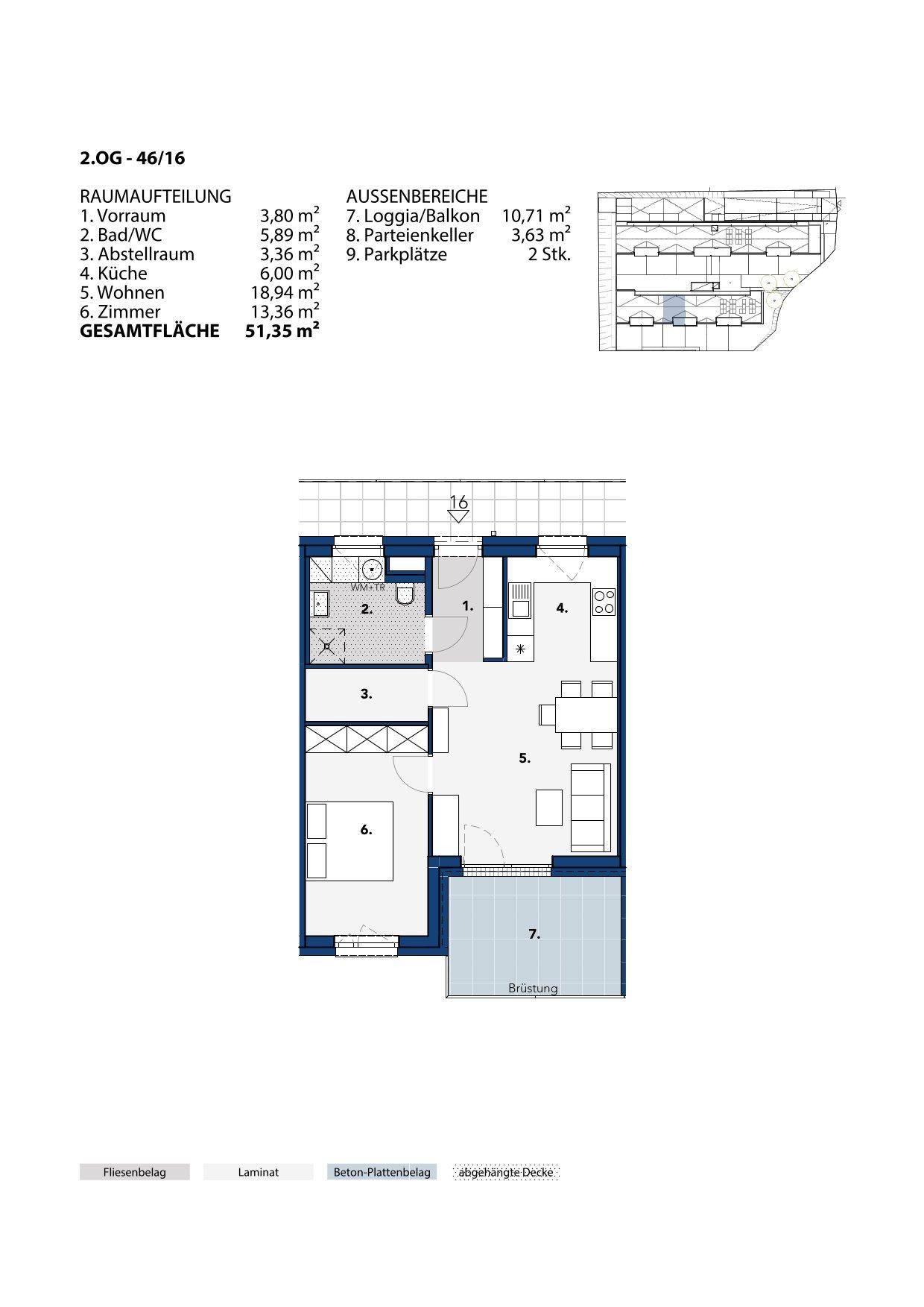 Grundriss einer Wohnung mit offenem Wohnbereich, Loggia, Schlafzimmer und separatem Abstellraum.
