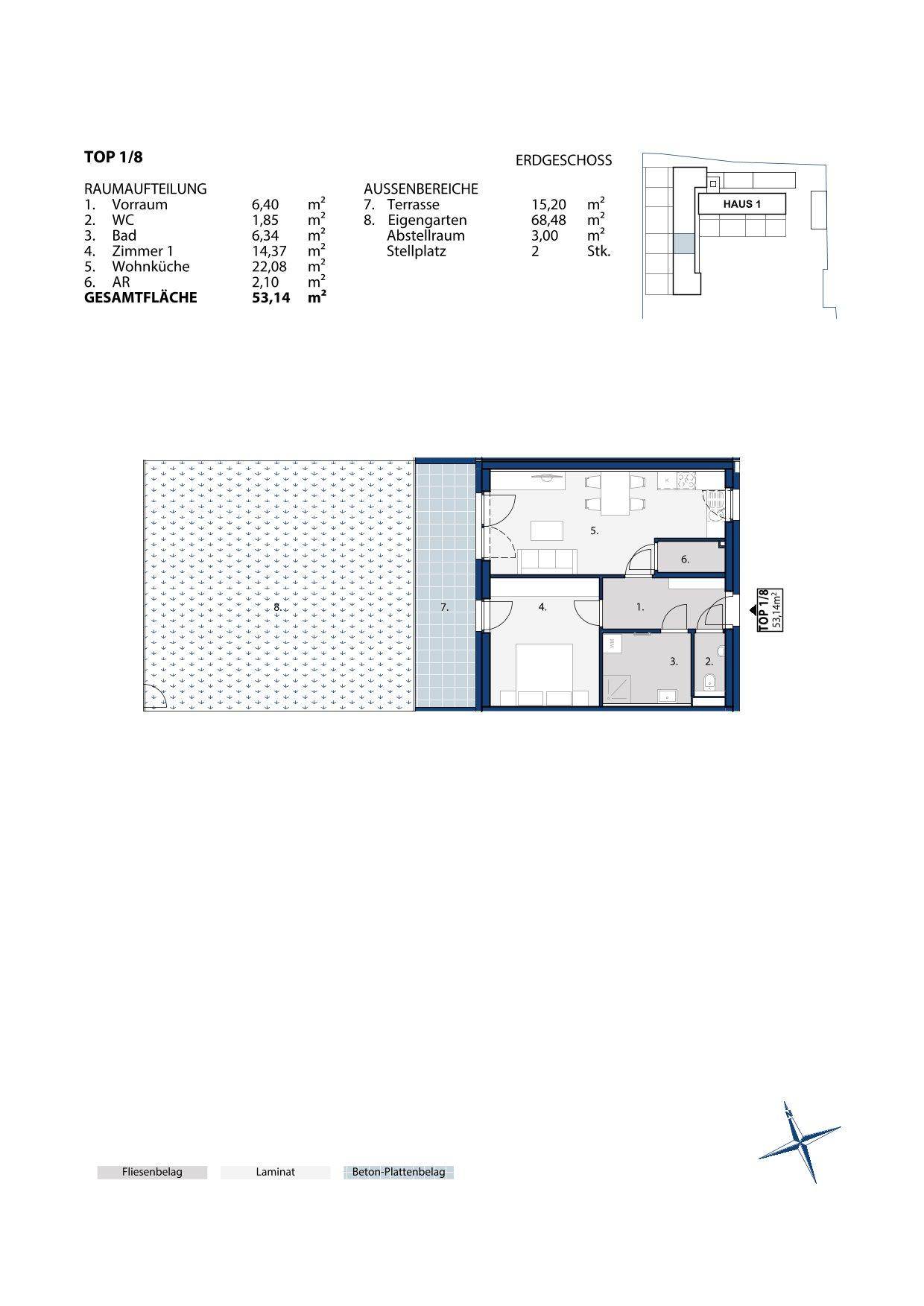 Grundriss einer Erdgeschosswohnung mit offener Wohnküche, einem Schlafzimmer, Bad, separatem WC, Terrasse und eigenem Garten.