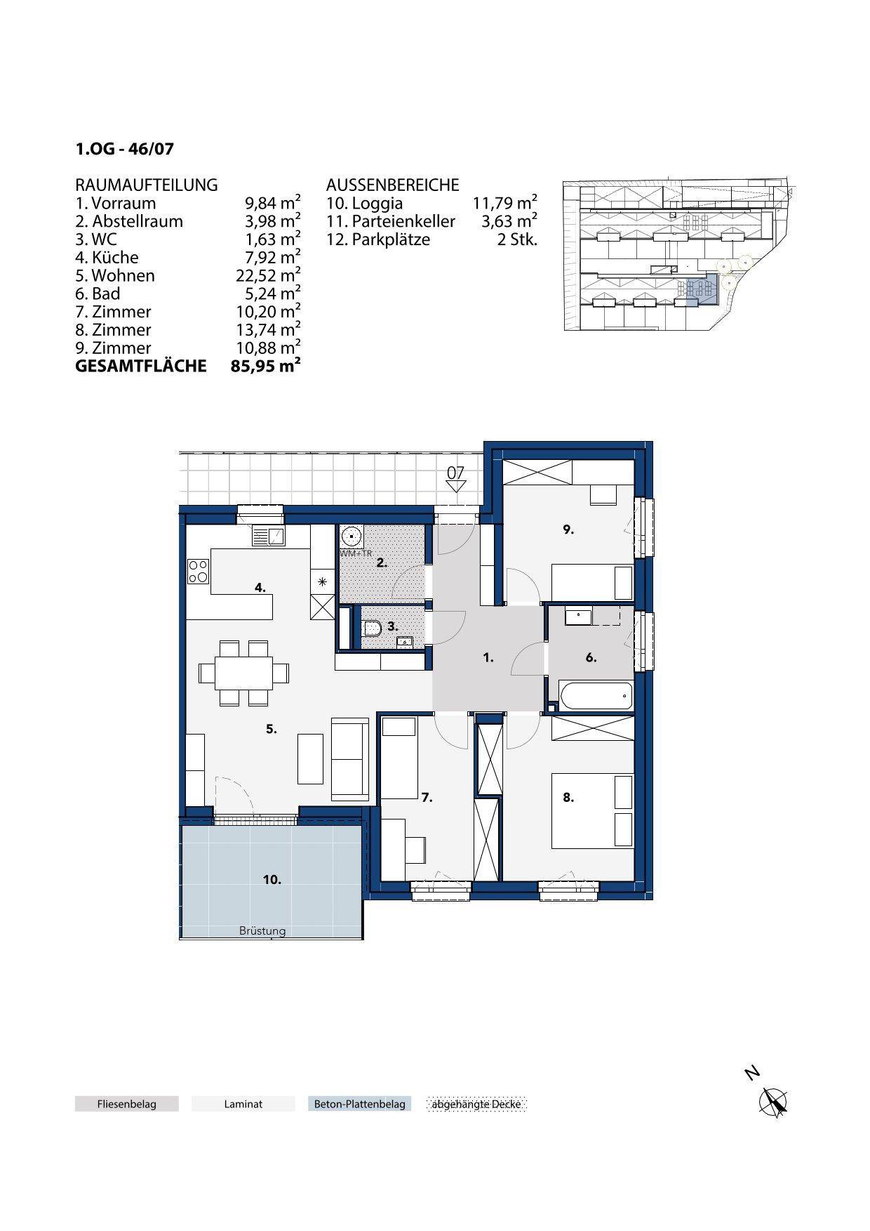 Grundriss einer Wohnung mit offenem Wohnbereich, Loggia, separatem WC und Abstellraum.
