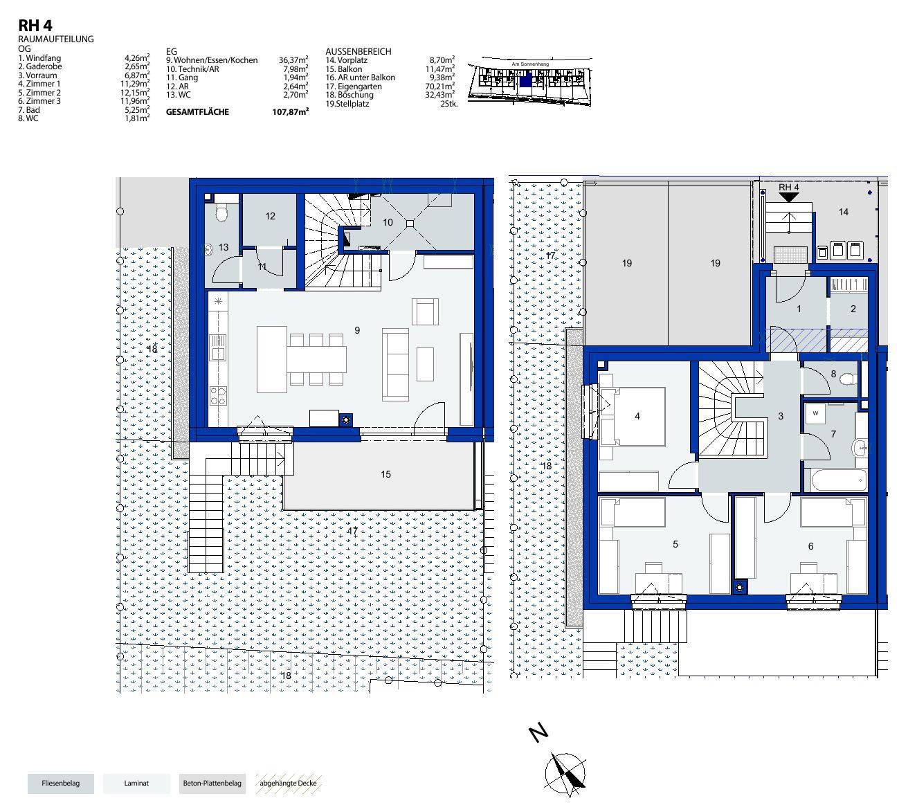 Detaillierter Grundriss eines modernen Hauses über zwei Ebenen mit Garten, Balkon und Stellplatz.