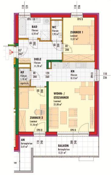 Detaillierter Grundriss einer Wohnung mit Wohn-Esszimmer, zwei Schlafzimmern, Bad, WC und Balkon.