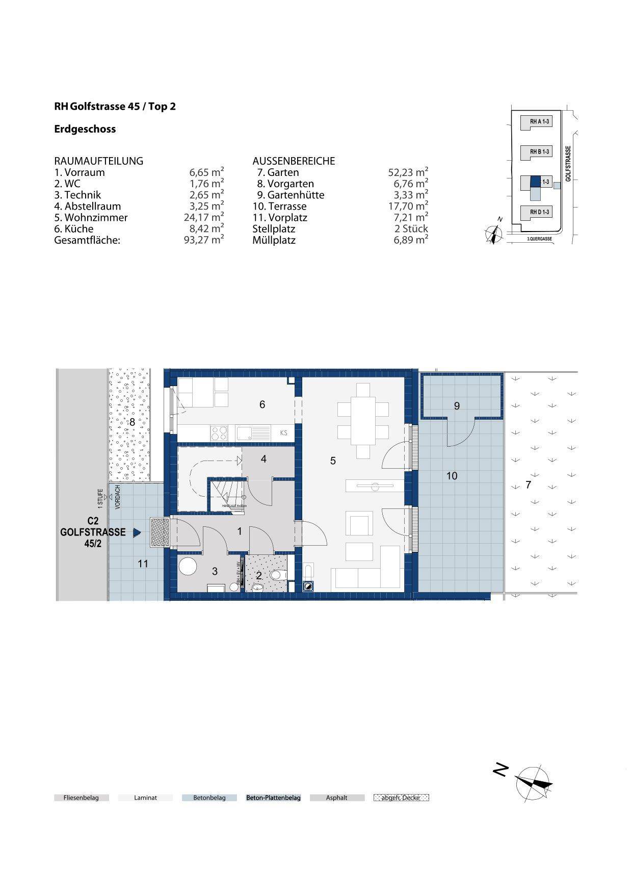 Grundriss des Erdgeschosses eines Reihenhauses mit Wohnzimmer, Küche und Zugang zu Terrasse und Garten.