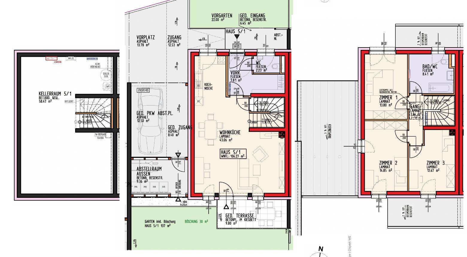 Grundrissplan eines Hauses mit Keller, offenem Wohnbereich, Terrasse, Garten und drei Schlafzimmern.