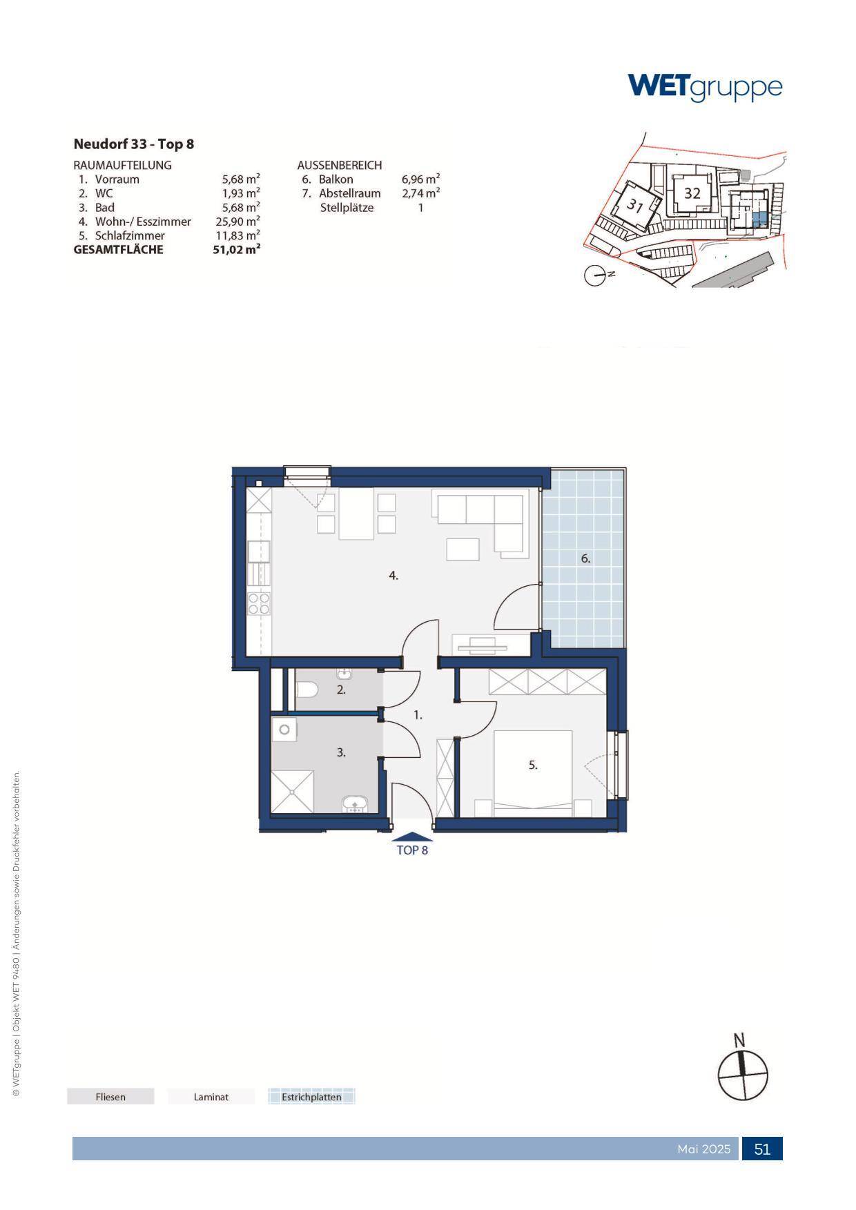 Grundriss der Wohnung Top 8 mit einem Schlafzimmer, offenem Wohn-Esszimmer und Balkon.