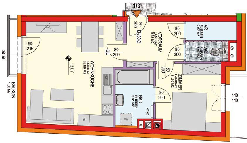 Grundriss einer Wohnung mit offener Wohnküche, Schlafzimmer und Balkon.