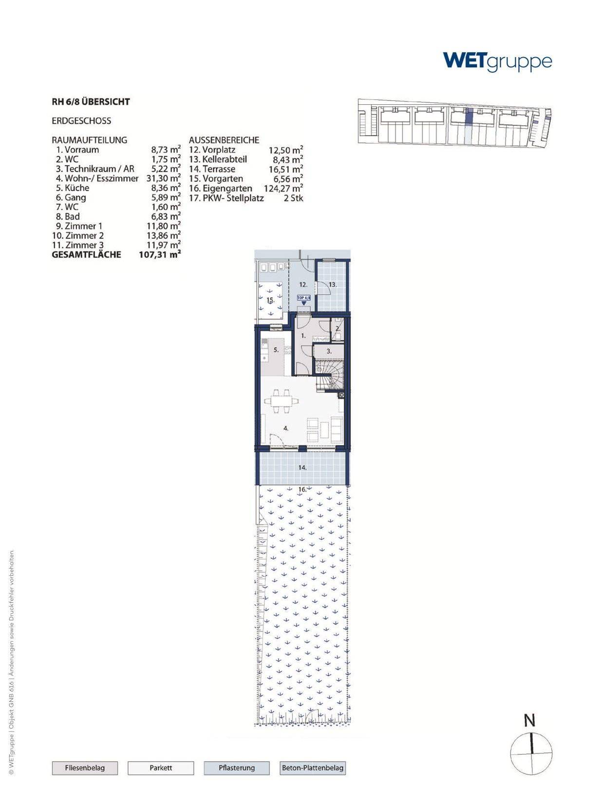 Grundriss des Erdgeschosses mit offenem Wohnbereich, Terrasse und Garten.