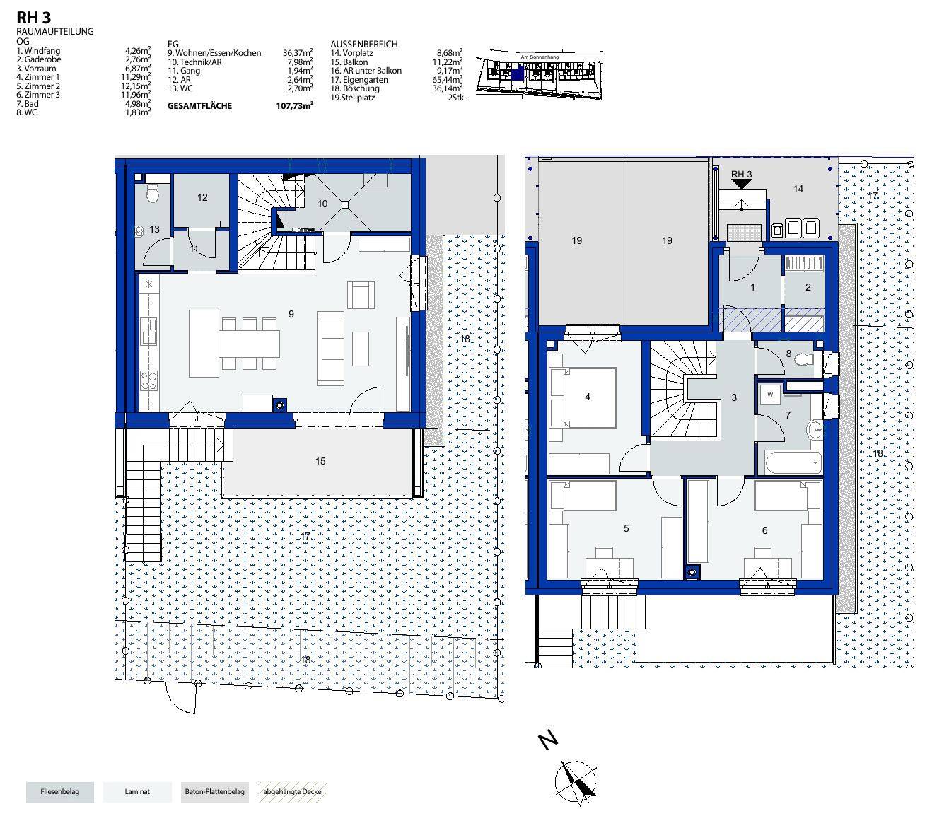 Grundriss eines Reihenhauses (RH 3) mit Erdgeschoss und Obergeschoss, offenem Wohnbereich und Balkon.