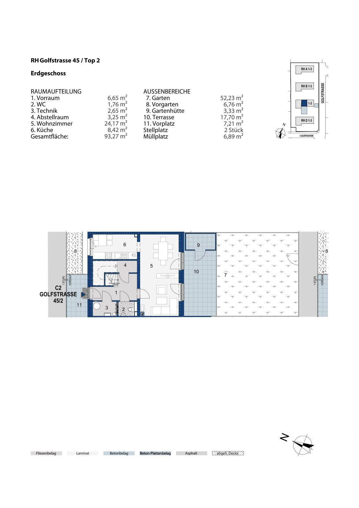 Grundriss des Erdgeschosses mit Wohnzimmer, Küche, Gäste-WC, Terrasse und Gartenbereich.