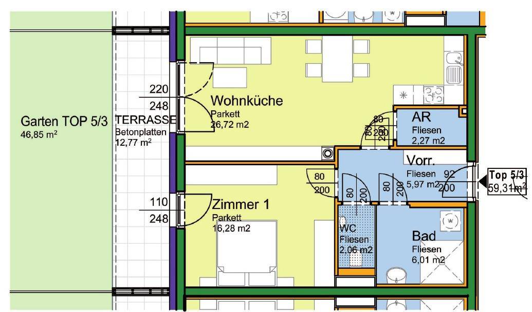 Grundriss einer Wohnung mit offener Wohnküche, einem Zimmer, Bad, separatem WC, Abstellraum, Terrasse und Garten.