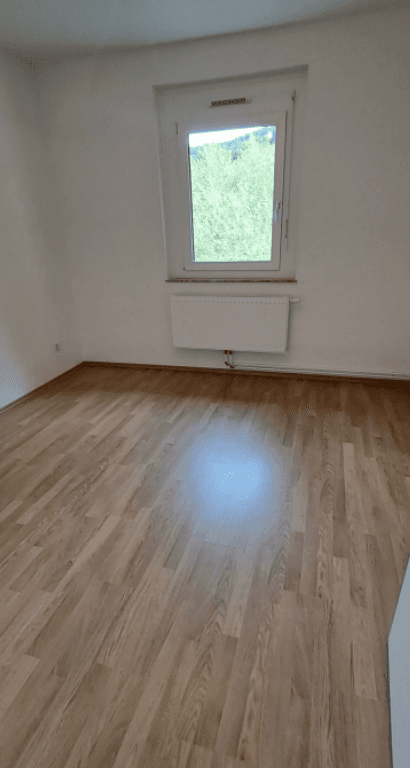 Leeres Zimmer mit Laminatboden, weiß gestrichenen Wänden und einem Fenster mit Blick ins Grüne.