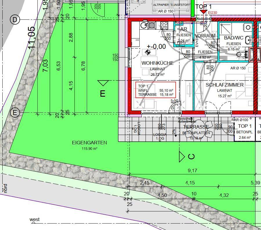 Detaillierter Grundriss von TOP 1 mit Wohnküche, Schlafzimmer, Bad, Loggia und Eigengarten.