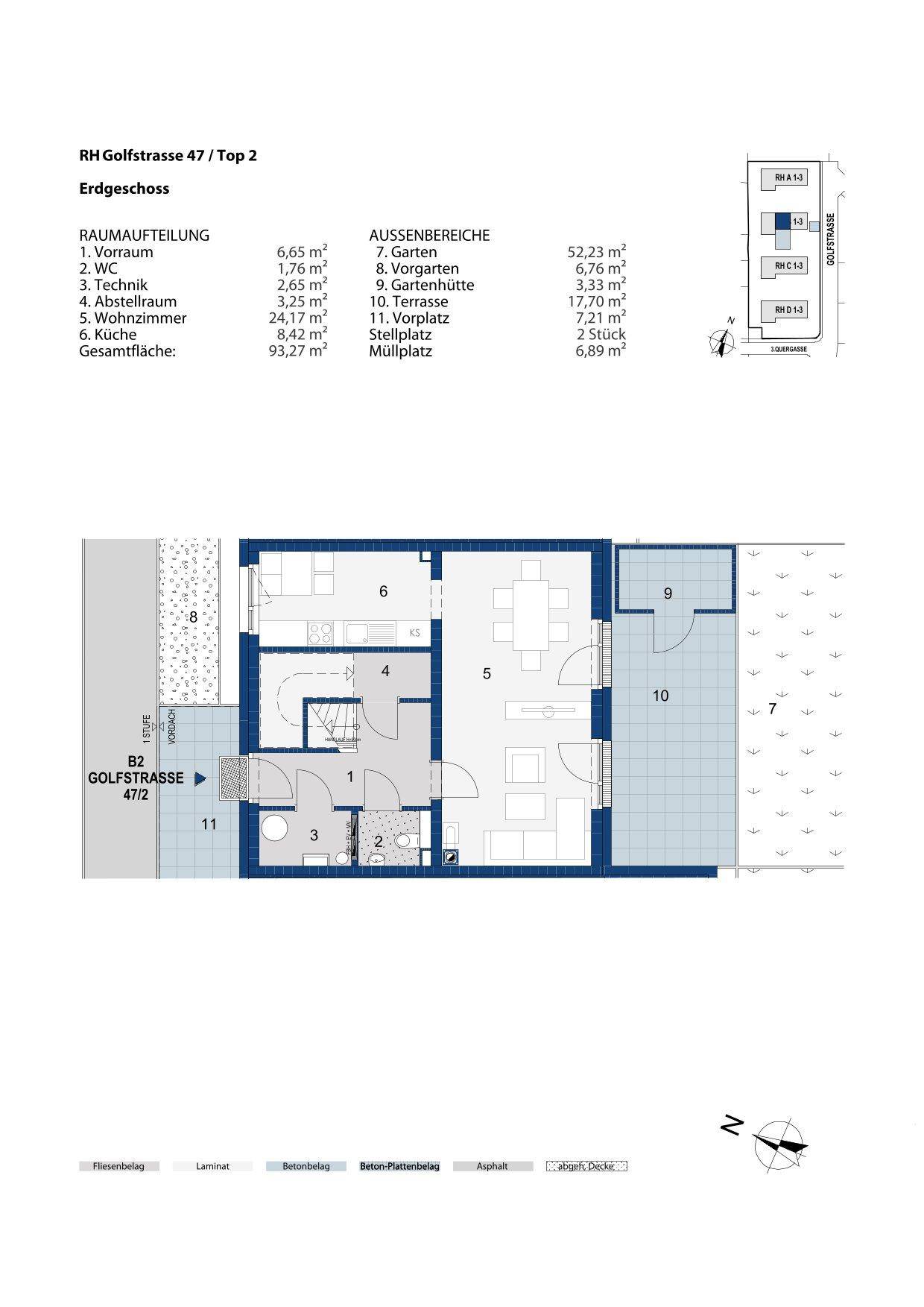 Grundriss des Erdgeschosses eines Reihenhauses mit offenem Wohnbereich, Terrasse und Garten.
