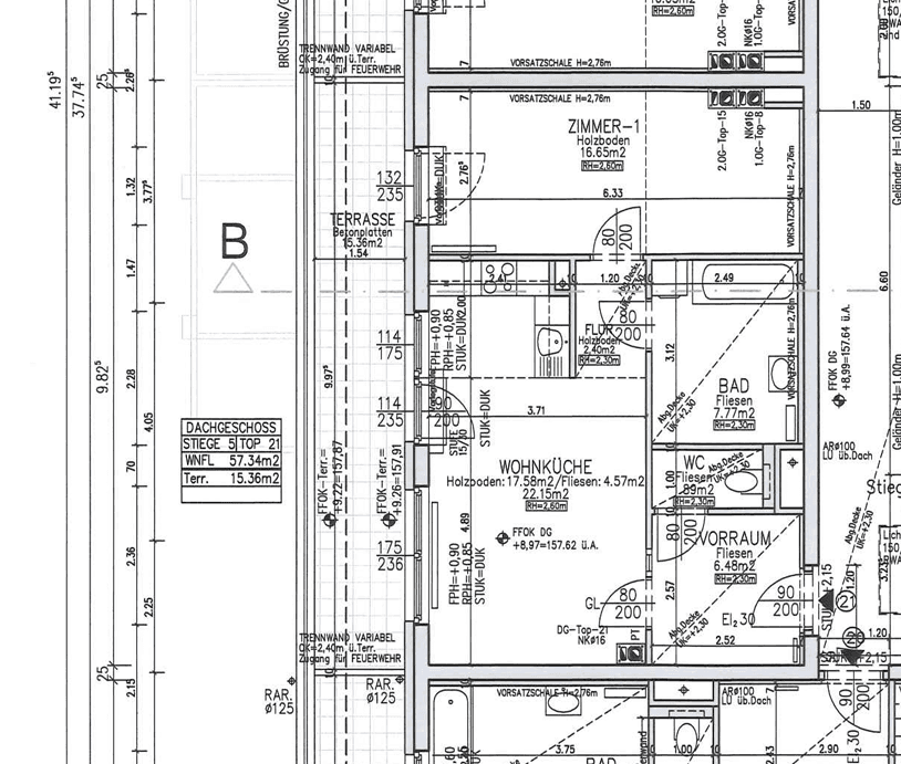 Detaillierter Grundriss einer Wohnung mit offener Wohnküche, Schlafzimmer, Bad und großer Terrasse.