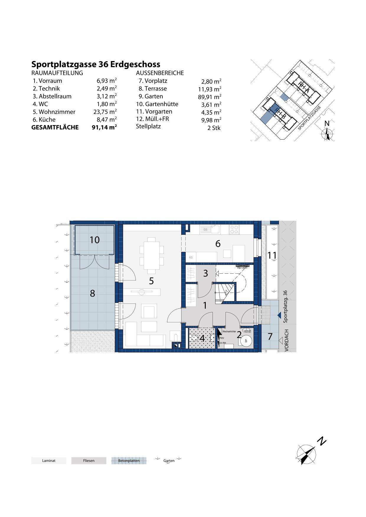 Detaillierter Grundriss des Erdgeschosses mit offener Küche, Wohnbereich und direktem Zugang zur Terrasse.