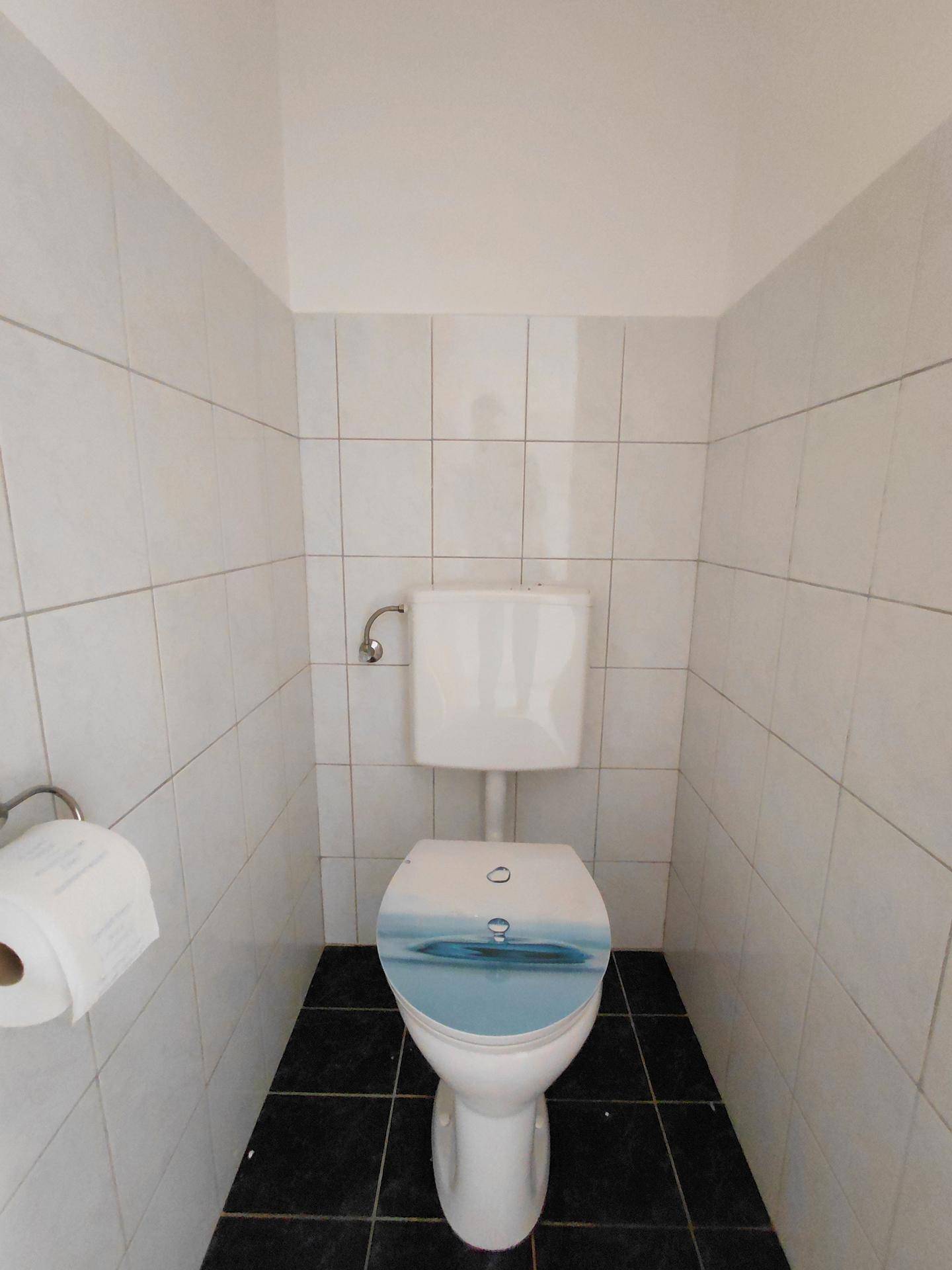 Separate Toilette mit weißen Wandfliesen und dunklem Boden, ausgestattet mit einem WC.