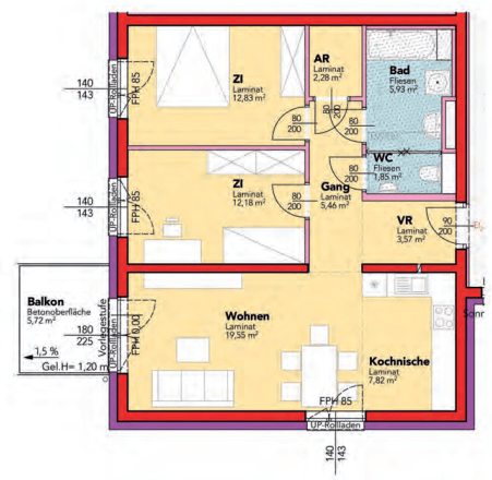 Grundriss einer modernen Wohnung mit zwei Schlafzimmern, offener Kochnische, Bad, separatem WC und Balkon.