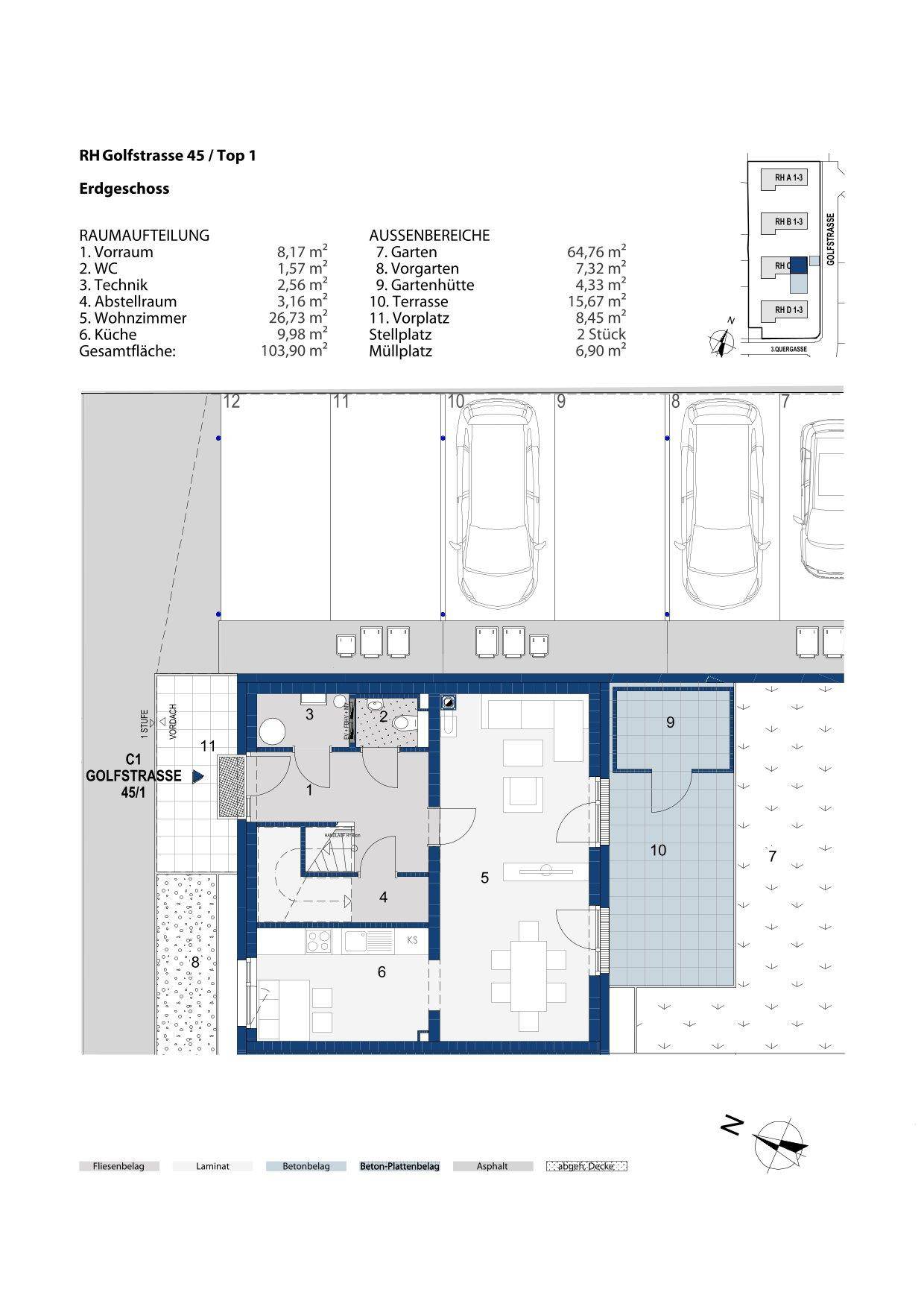 Grundriss des Erdgeschosses eines Reihenhauses mit Wohnzimmer, Küche, Terrasse und Garten.