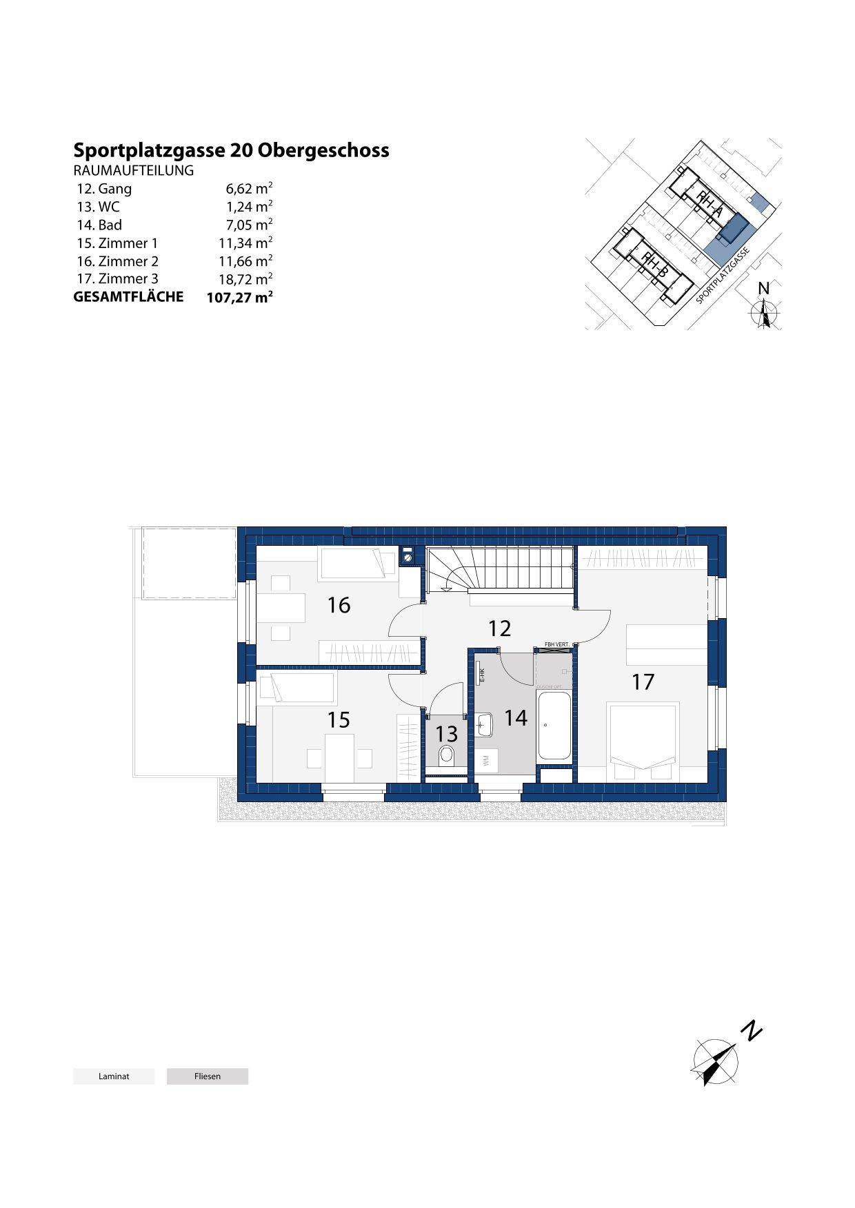Grundriss des Obergeschosses mit drei Schlafzimmern, einem Badezimmer und separatem WC.