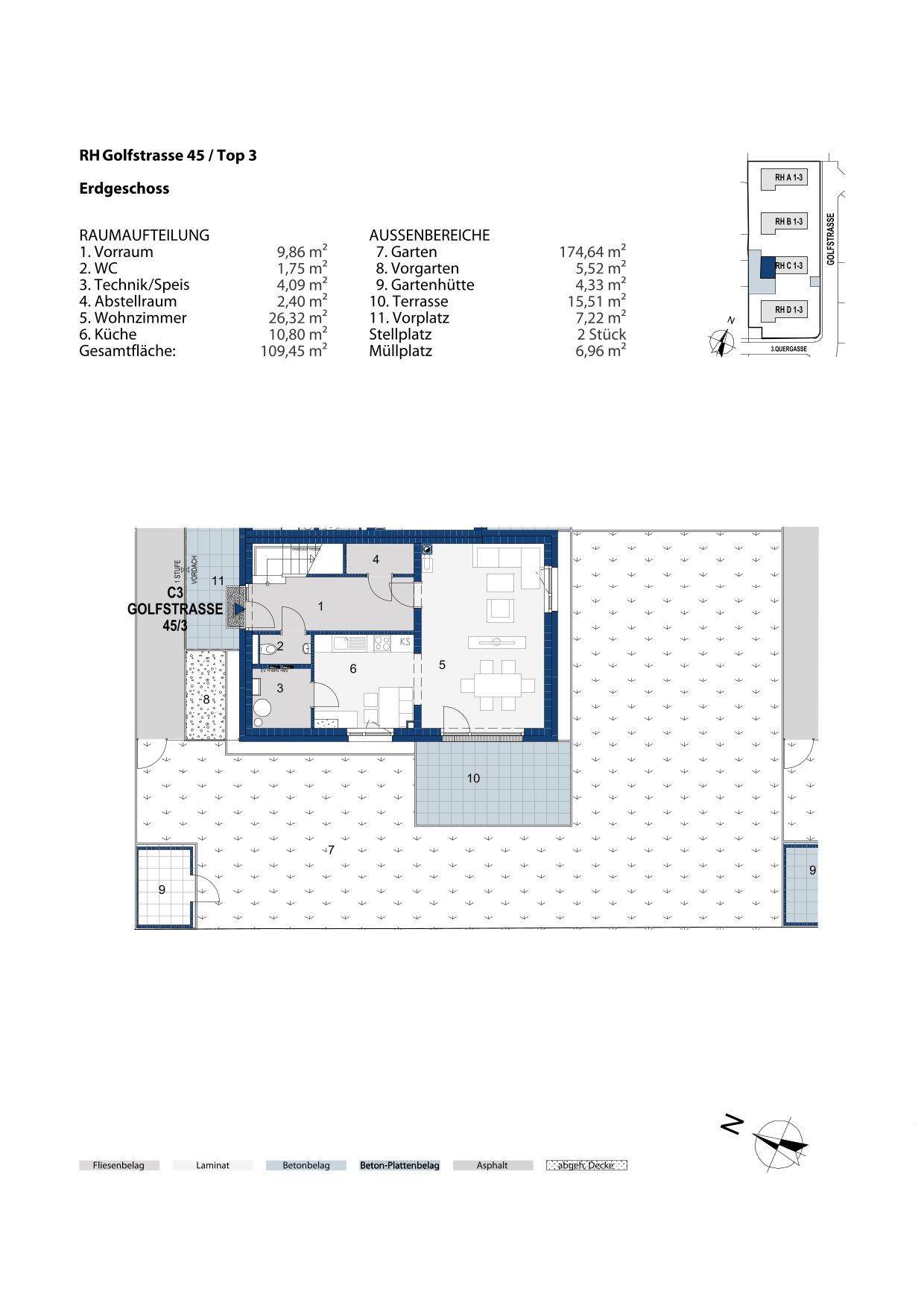 Grundriss des Erdgeschosses mit offenem Wohnbereich, Küche, Terrasse und großem Garten.