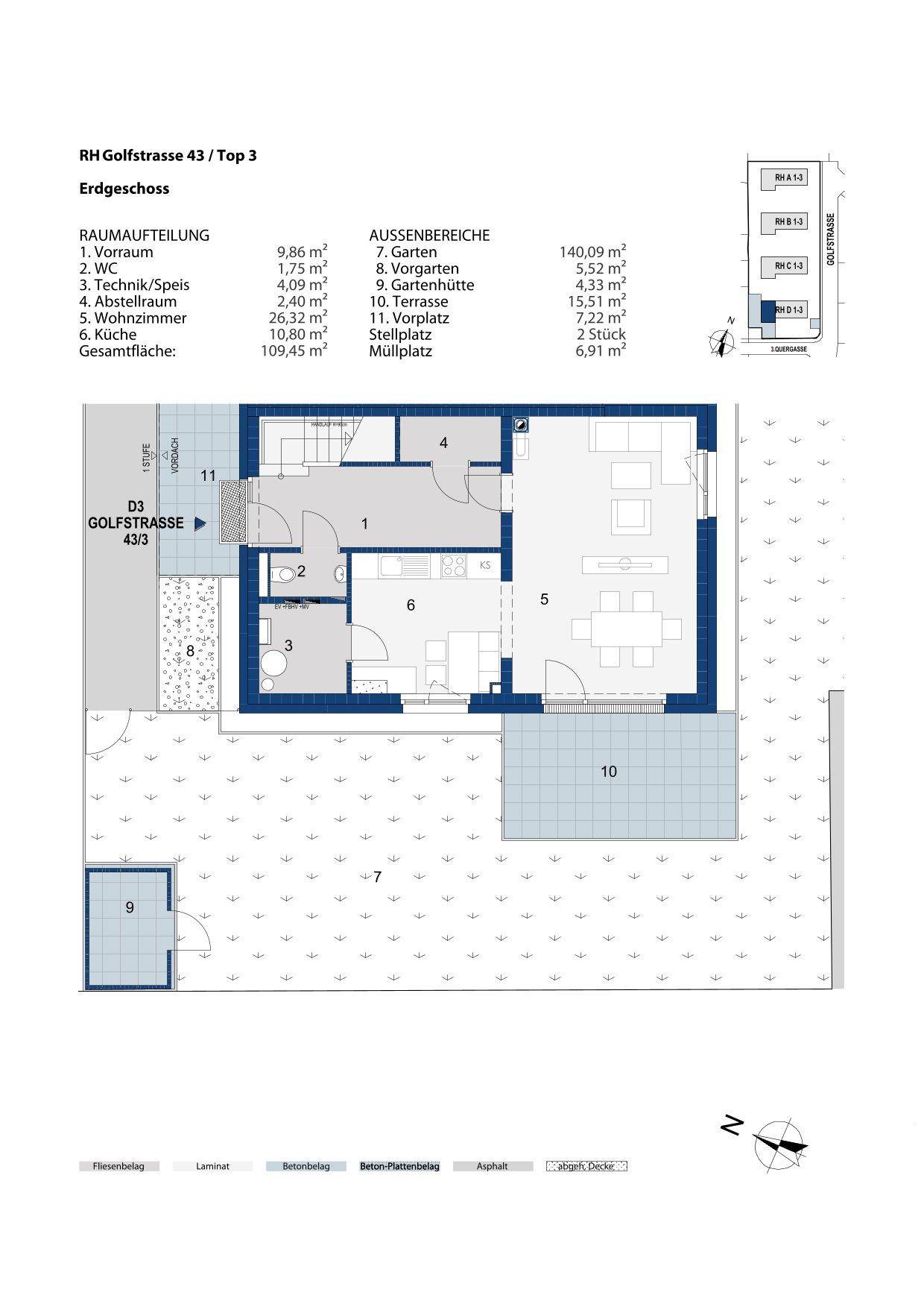 Grundriss des Erdgeschosses eines Reihenhauses mit offenem Wohnbereich, Küche, WC, Terrasse und großem Garten.