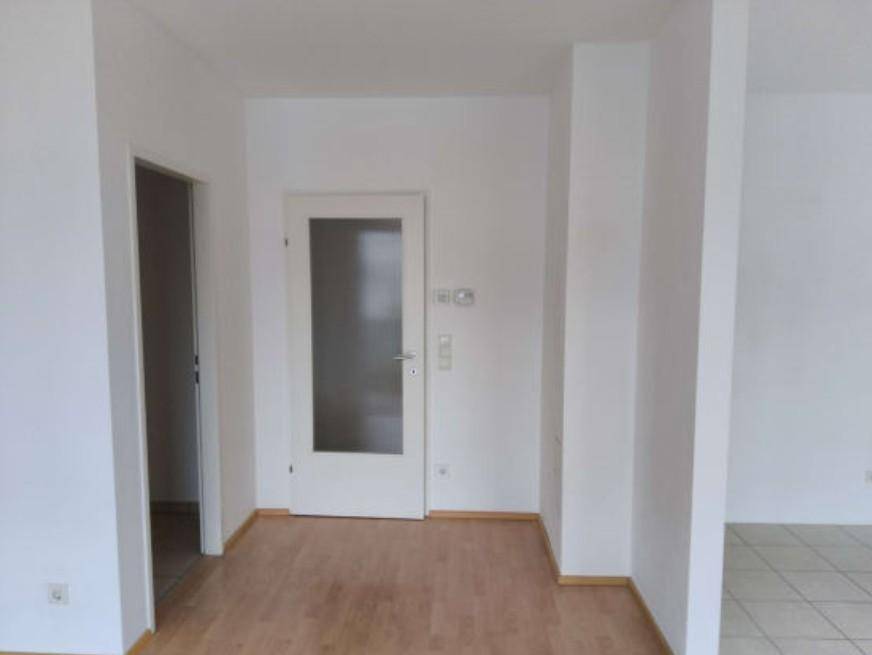 Eingangsbereich mit Holzboden und einer Tür mit Milchglas, die zu weiteren Räumen führt.