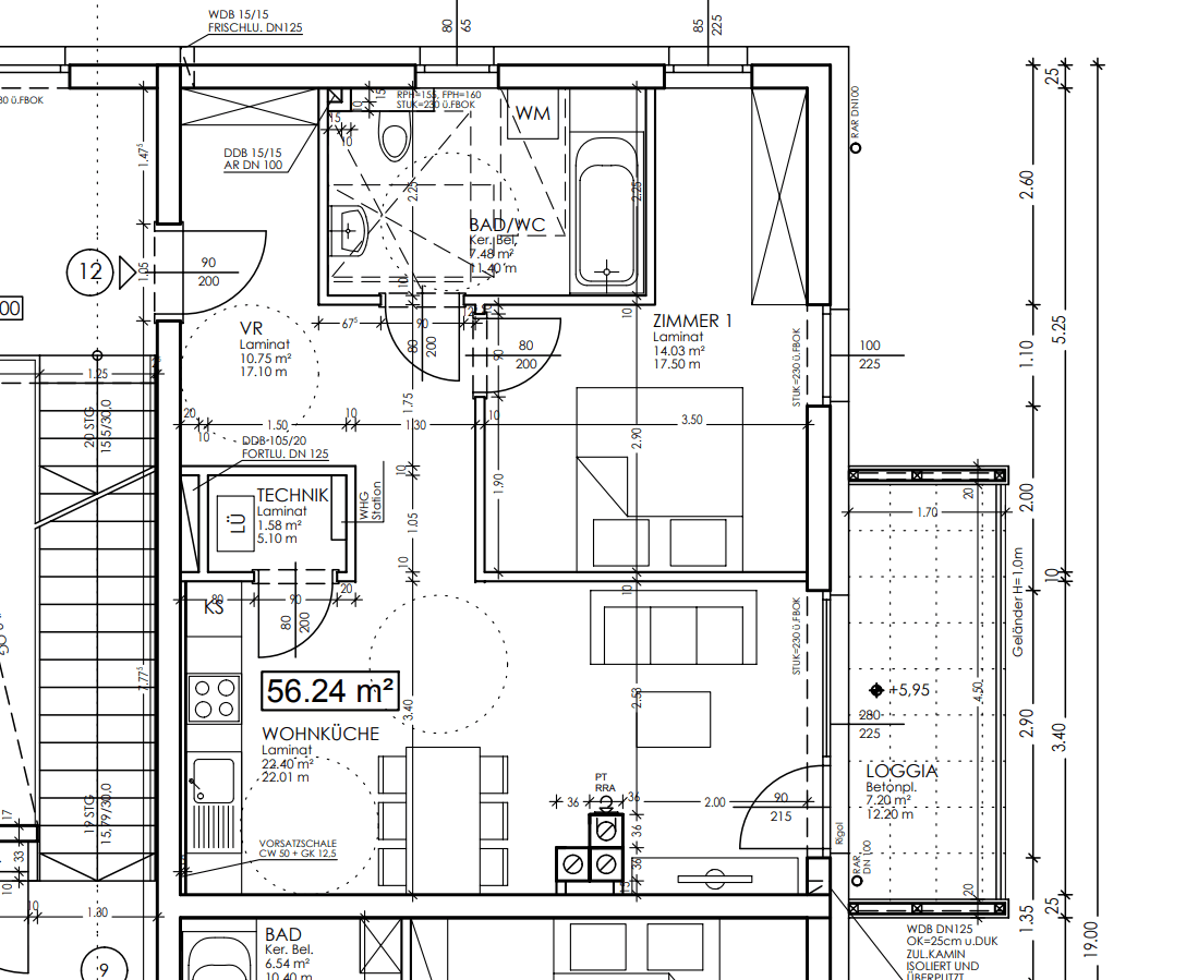 Grundriss einer Wohnung von 56.24 m² mit offener Wohnküche, einem Schlafzimmer, Bad und Loggia.