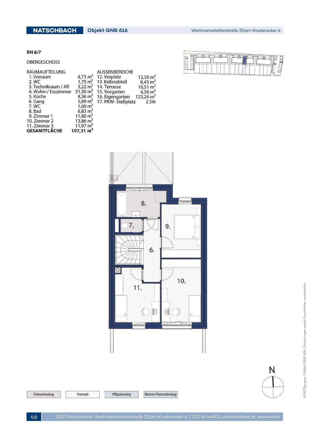 Grundriss des Obergeschosses mit drei Schlafzimmern, Bad und separatem WC.