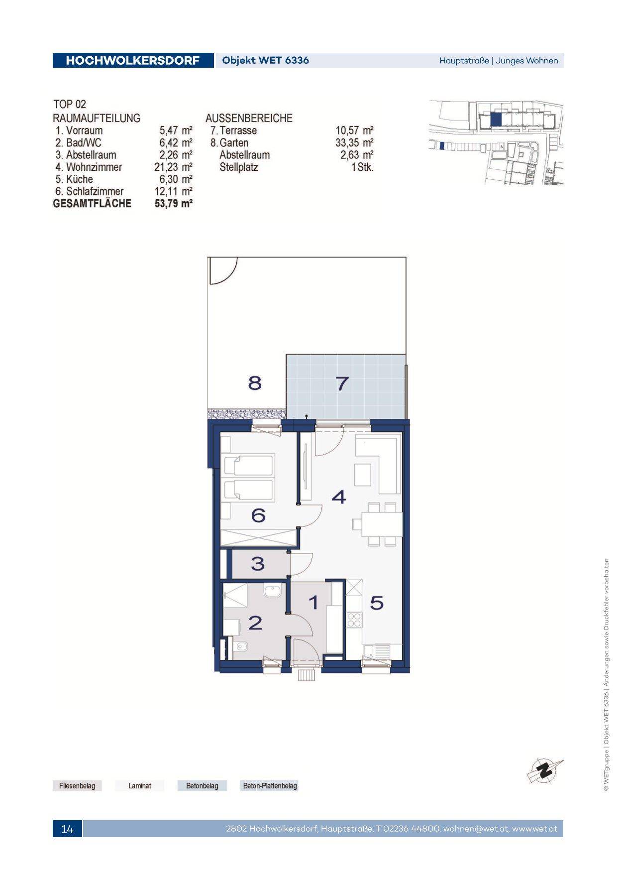 Grundriss der Wohnung TOP 02 mit einer Gesamtfläche von 63,79 m², inklusive Balkon und Terrasse.