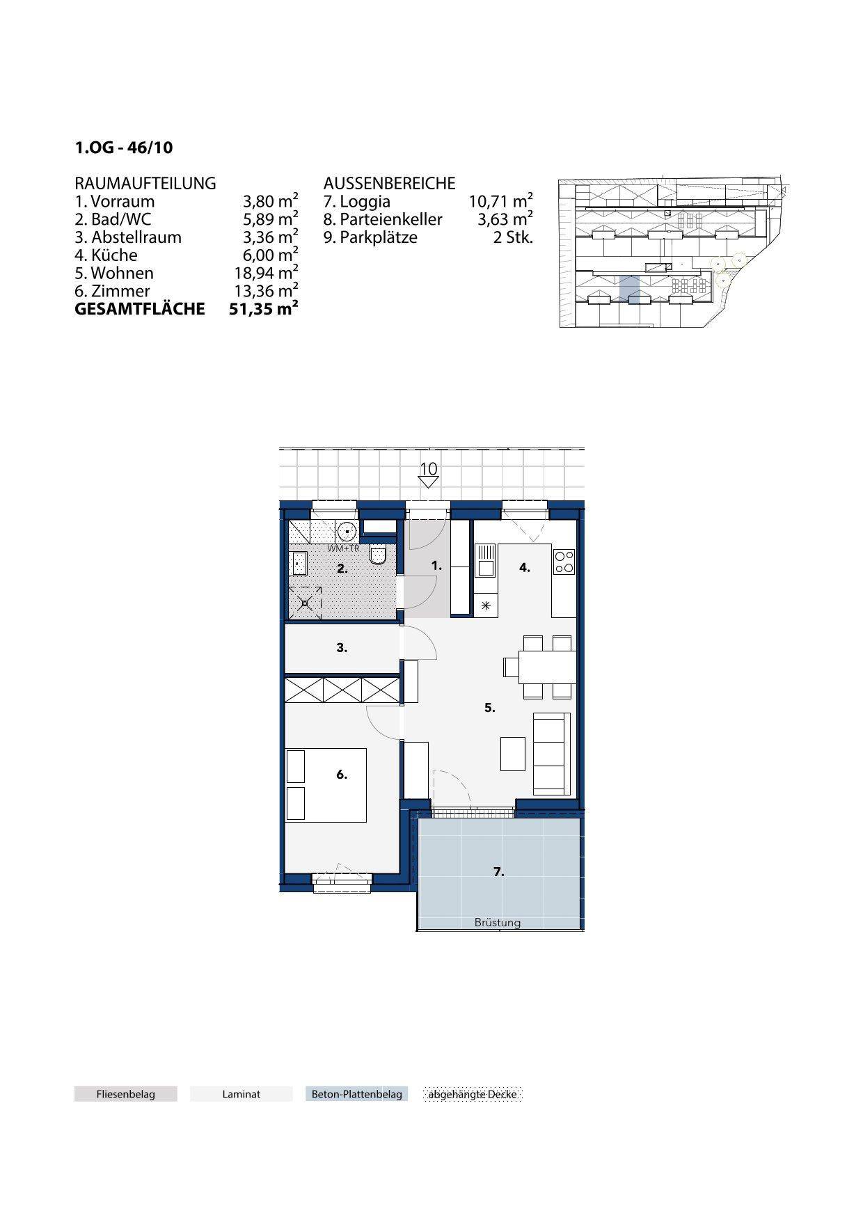 Grundriss einer Wohnung im ersten Obergeschoss mit Loggia, einem Schlafzimmer und offenem Wohnbereich.