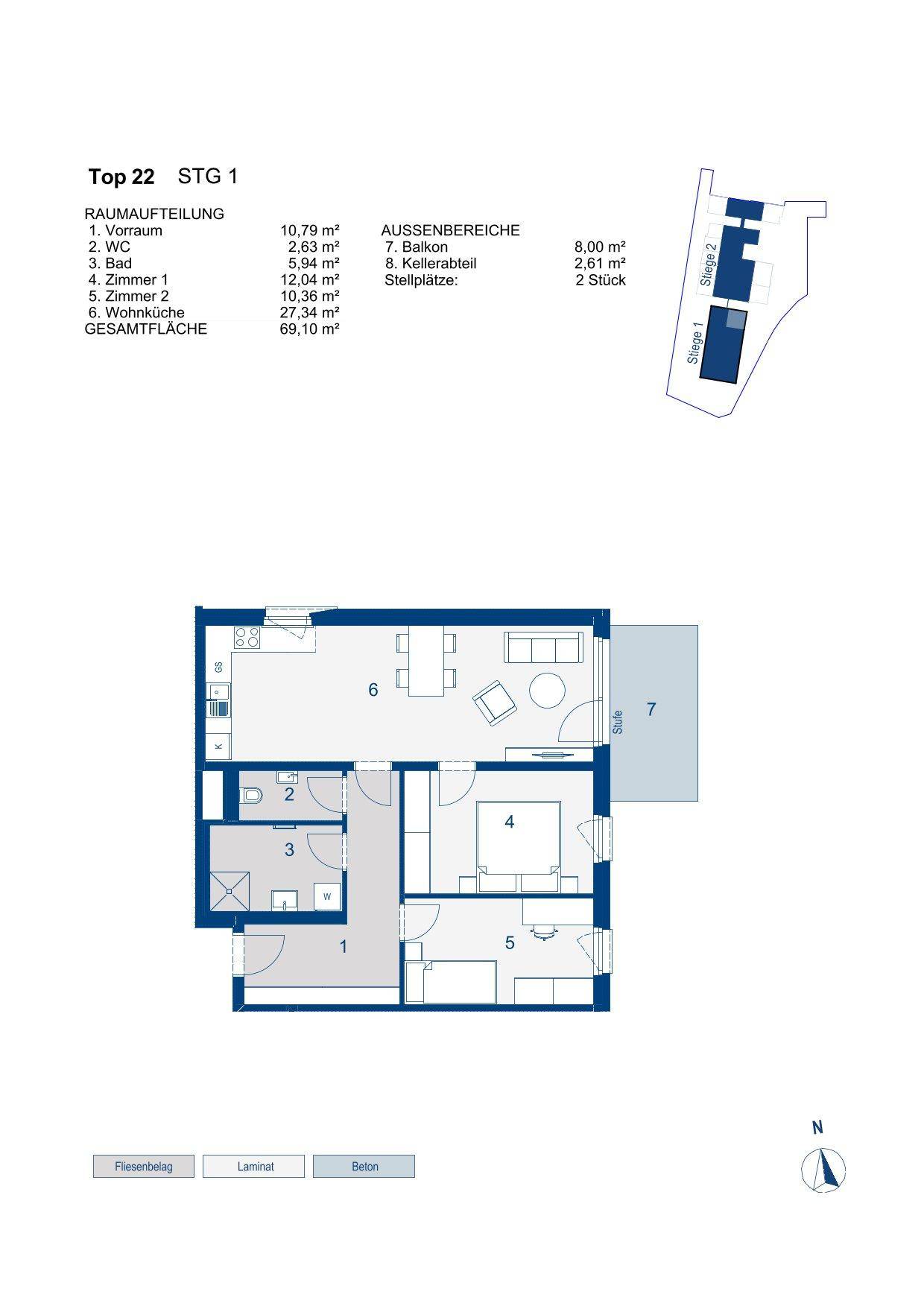 Grundriss einer Wohnung mit offenem Wohnküchenbereich, Balkon und separatem WC.