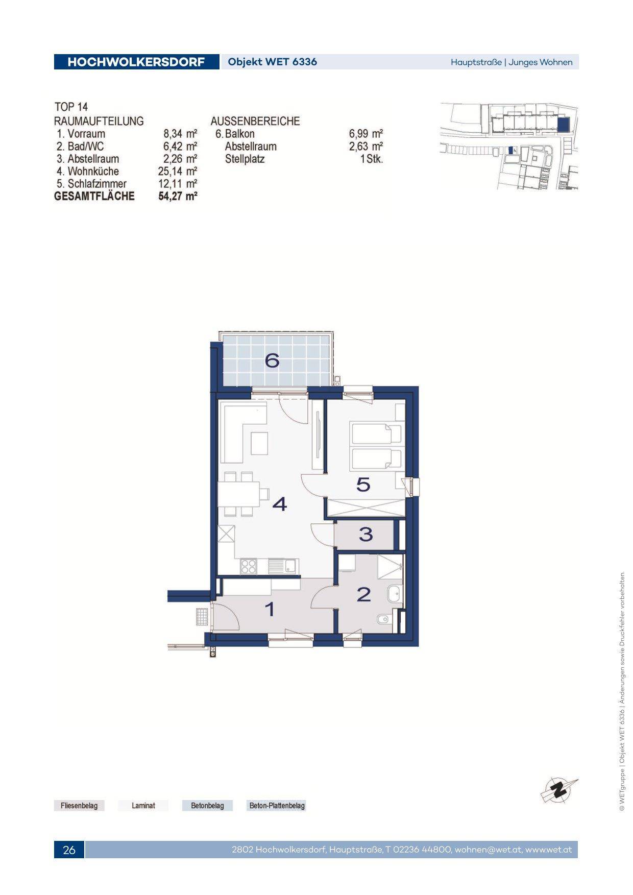 Grundriss einer Wohnung mit klarer Raumaufteilung, inklusive Balkon und separatem WC.