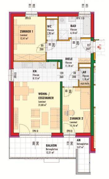 Grundriss einer Wohnung mit offenem Wohn-Essbereich, zwei Schlafzimmern, Bad, separatem WC und Balkon.