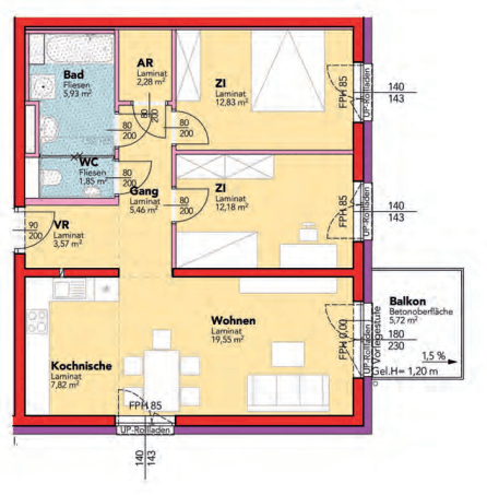 Grundriss einer Wohnung mit Bad, separatem WC, zwei Zimmern, Wohnbereich mit Kochnische und Balkon.