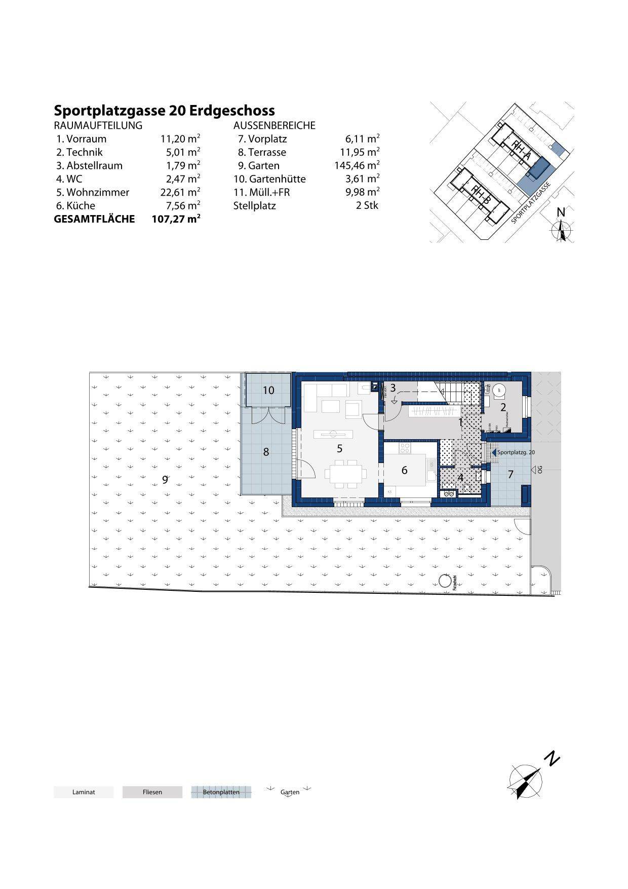 Grundriss des Erdgeschosses mit Wohnzimmer, Küche, WC, Terrasse und Gartenbereich.