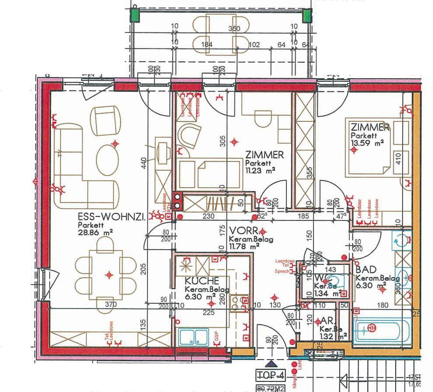 Grundriss einer Wohnung mit offenem Wohn-Essbereich, zwei Zimmern, Küche und Bad.