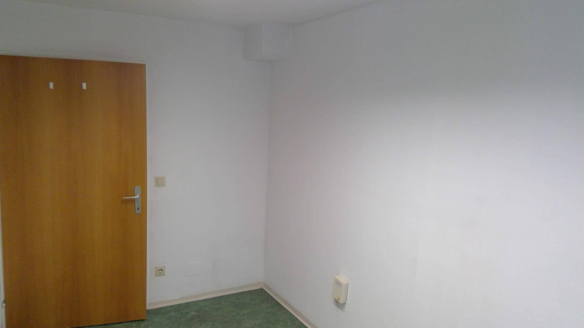 Innenraum mit weiß gestrichenen Wänden, einer Holztür und grünem Teppichboden.