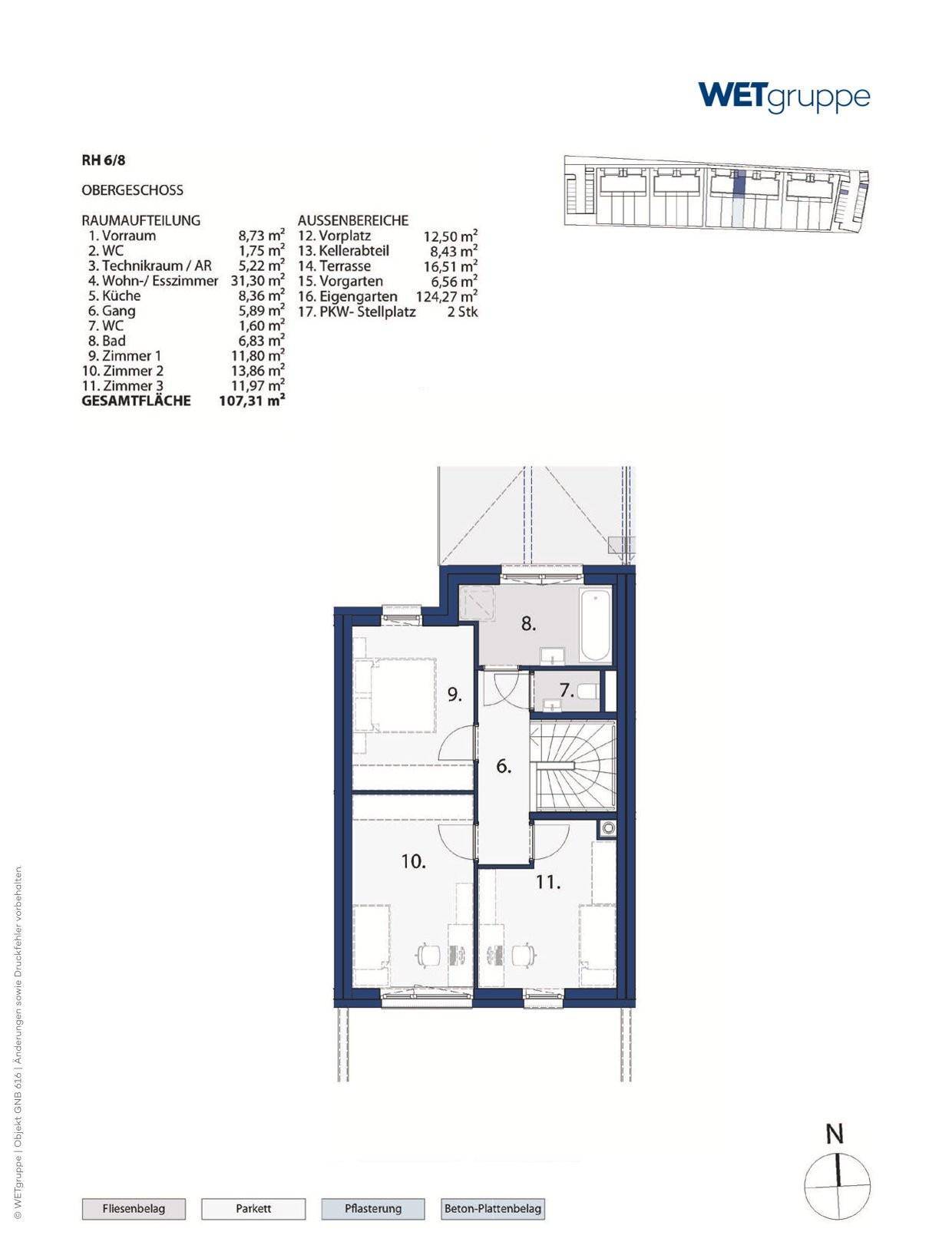 Grundriss des Obergeschosses mit drei Schlafzimmern, Bad und separatem WC.