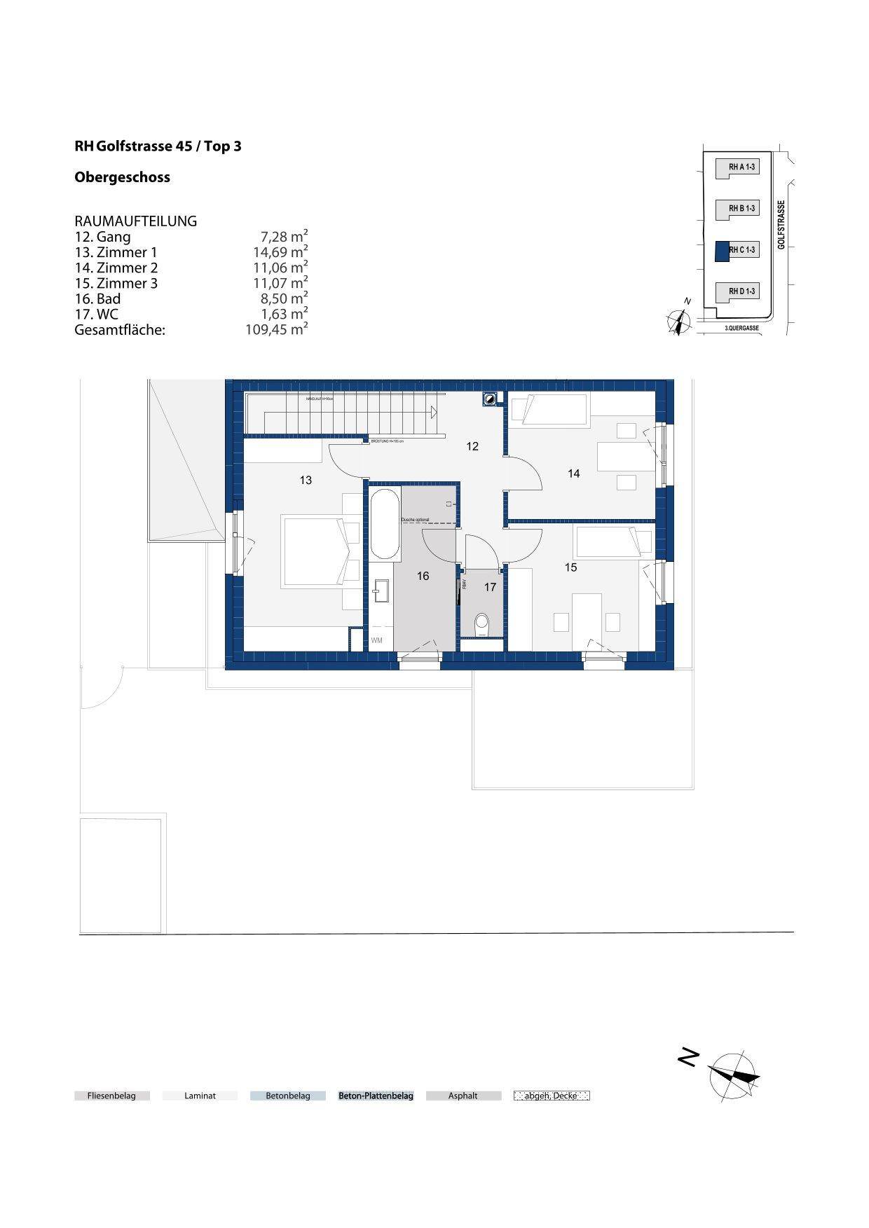 Grundriss des Obergeschosses mit drei Schlafzimmern, einem Badezimmer und separatem WC.