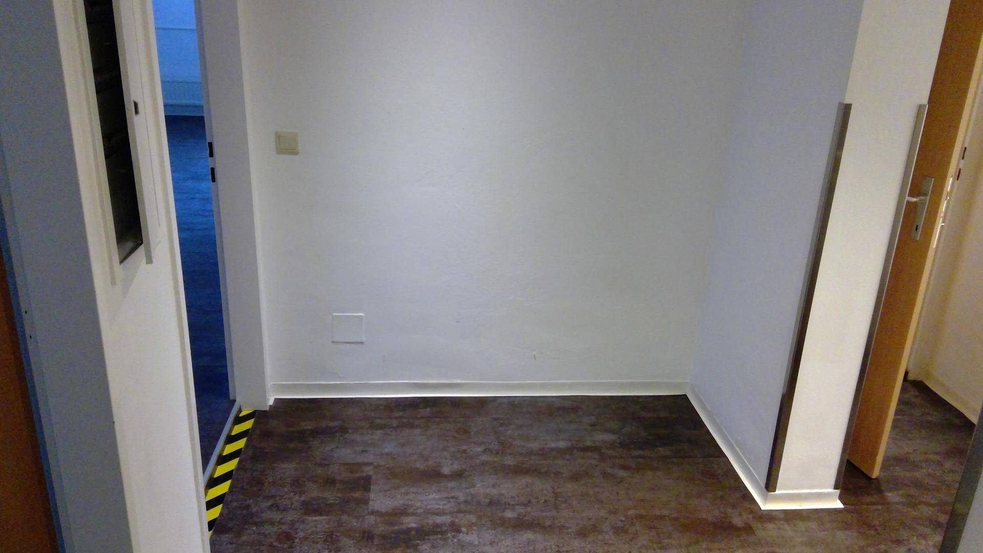 Flur mit dunklem Laminatboden, weißen Wänden und einer Holztür.