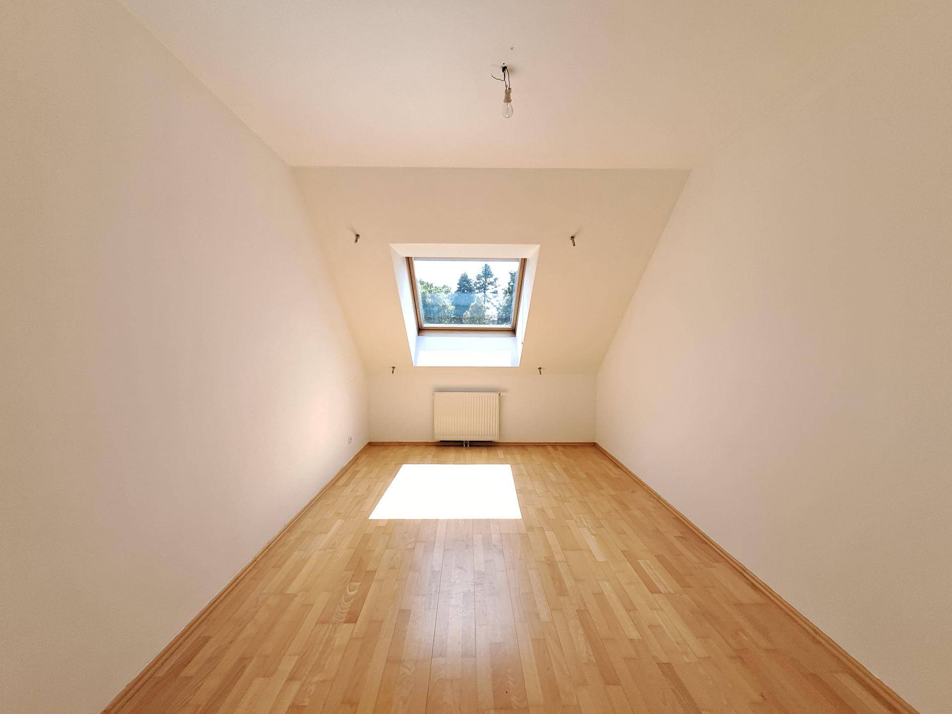 Lichtdurchflutetes Zimmer im Dachgeschoss mit Holzboden und Blick ins Grüne durch das Dachfenster.